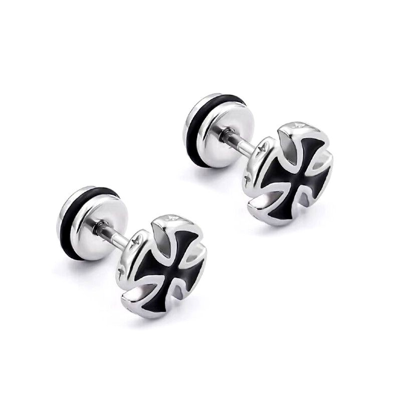 Mens Unisex Punk Gothic Rock Black Cross Stainless Steel Earrings Ear Stud 2Pcs