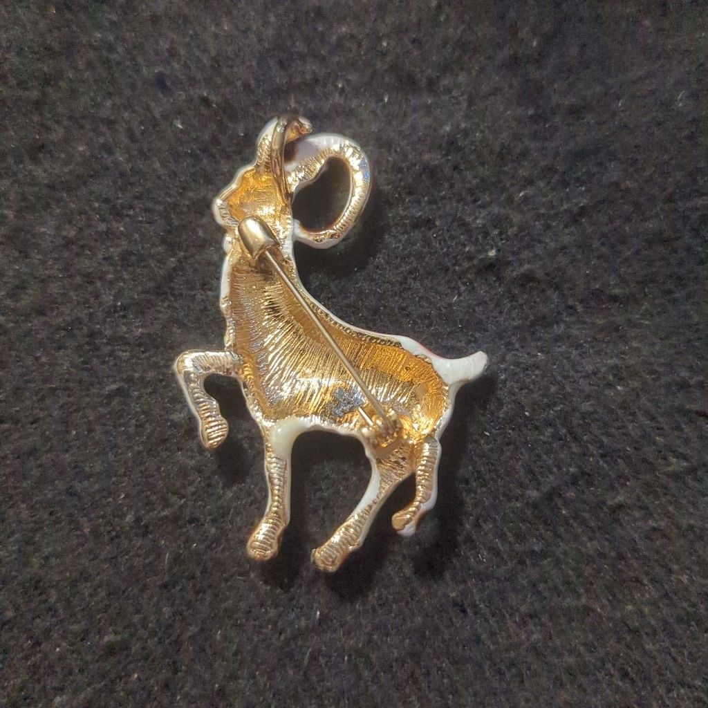 Gold Tone White Brown Red Enamel Goat Sheep Statement Brooch