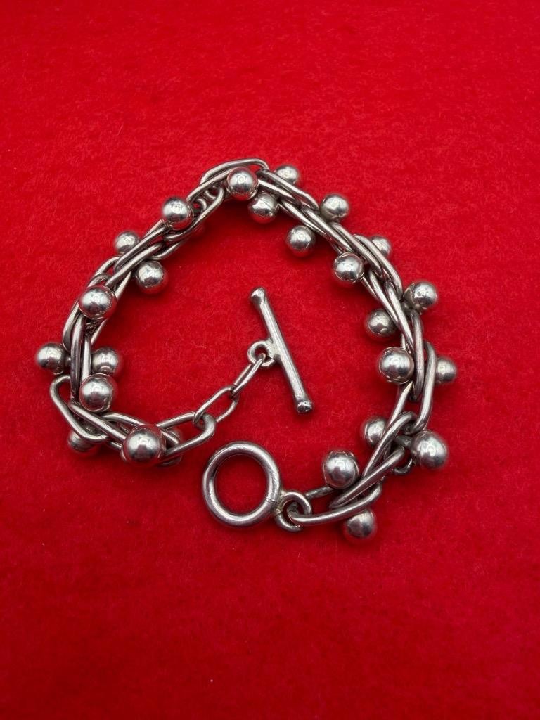 Vintage 925 Sterling Silver DNA Pattern Link Ball Bead Heavy Bracelet 8 1/2″