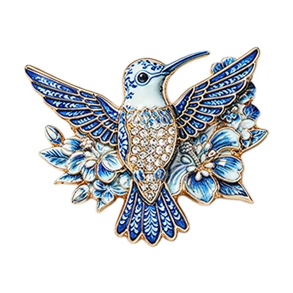 Blue Hummingbird Flower Brooch Gold Tone Rhinestone Bird Pin Floral Jewelry Gift