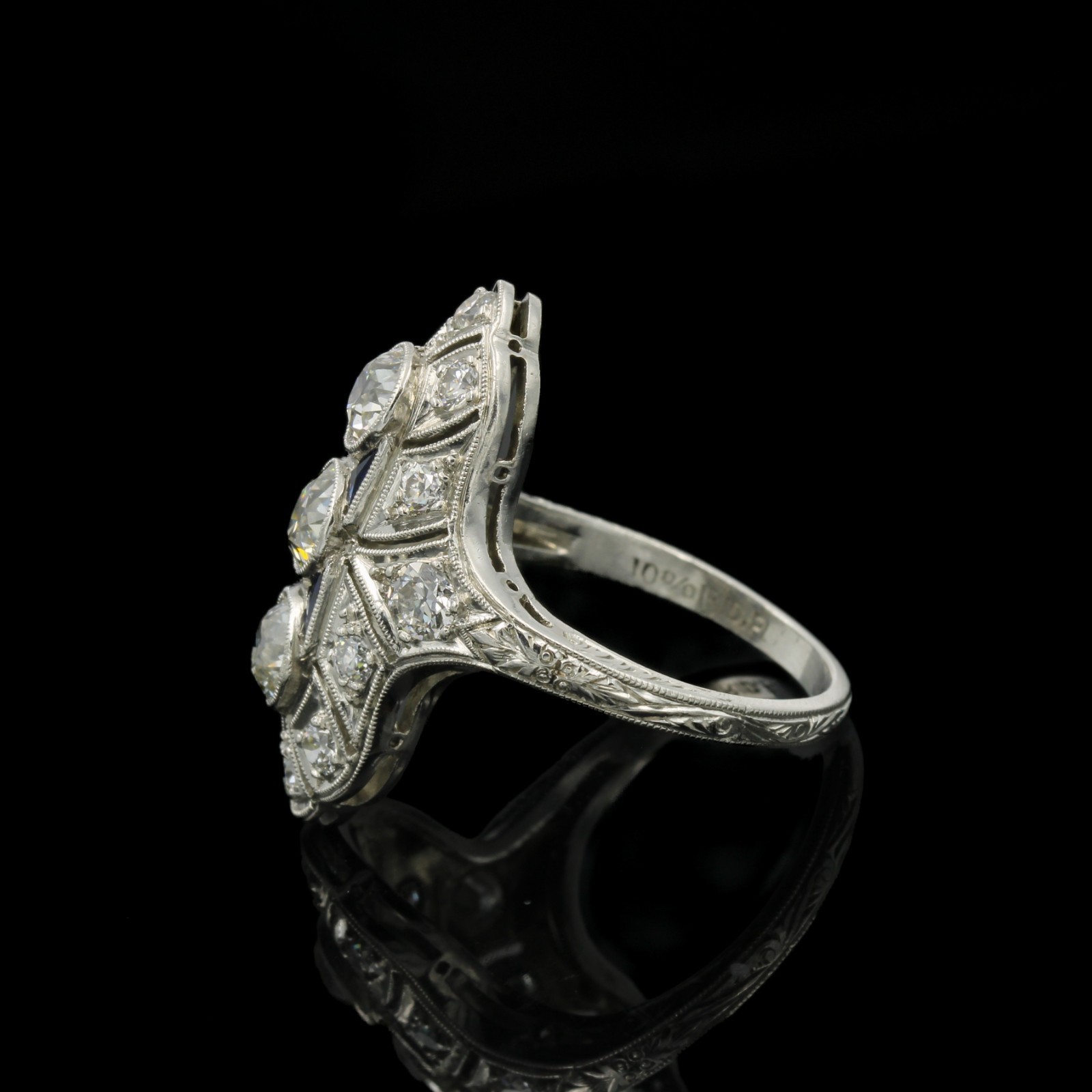 Art Deco Platinum Die Struck 1.20ctw Diamond 3 Stone Shield Sz 5 Ring #E74974-2