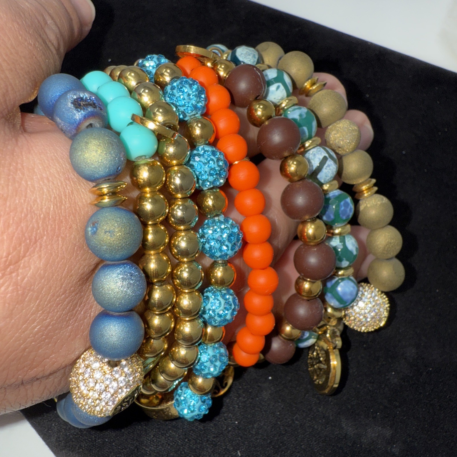 Rustic Cuff Bracelet Set Beaded Charm Stretch Colorful Gold Tone Multicolor Lot