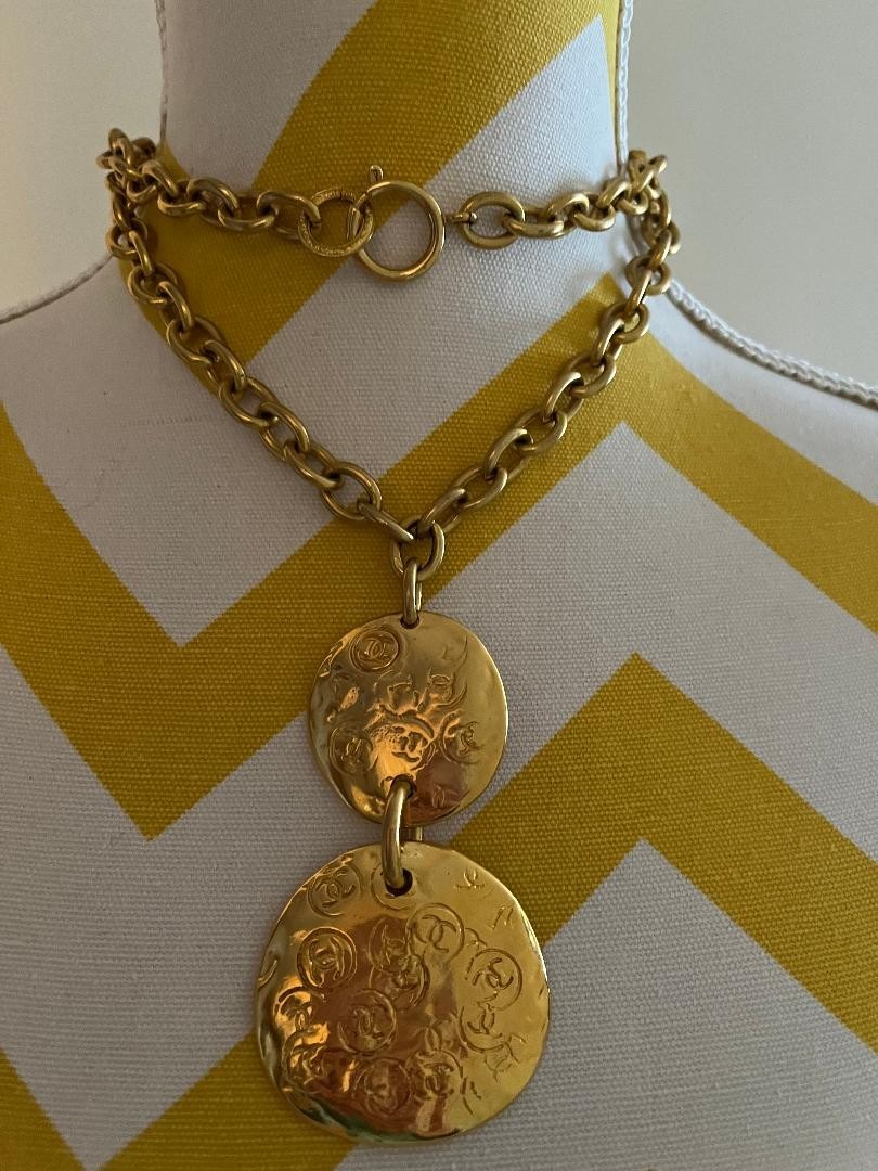 CHANEL 93P Signed Vintage Gold Logo Double Disk Necklace Made in France