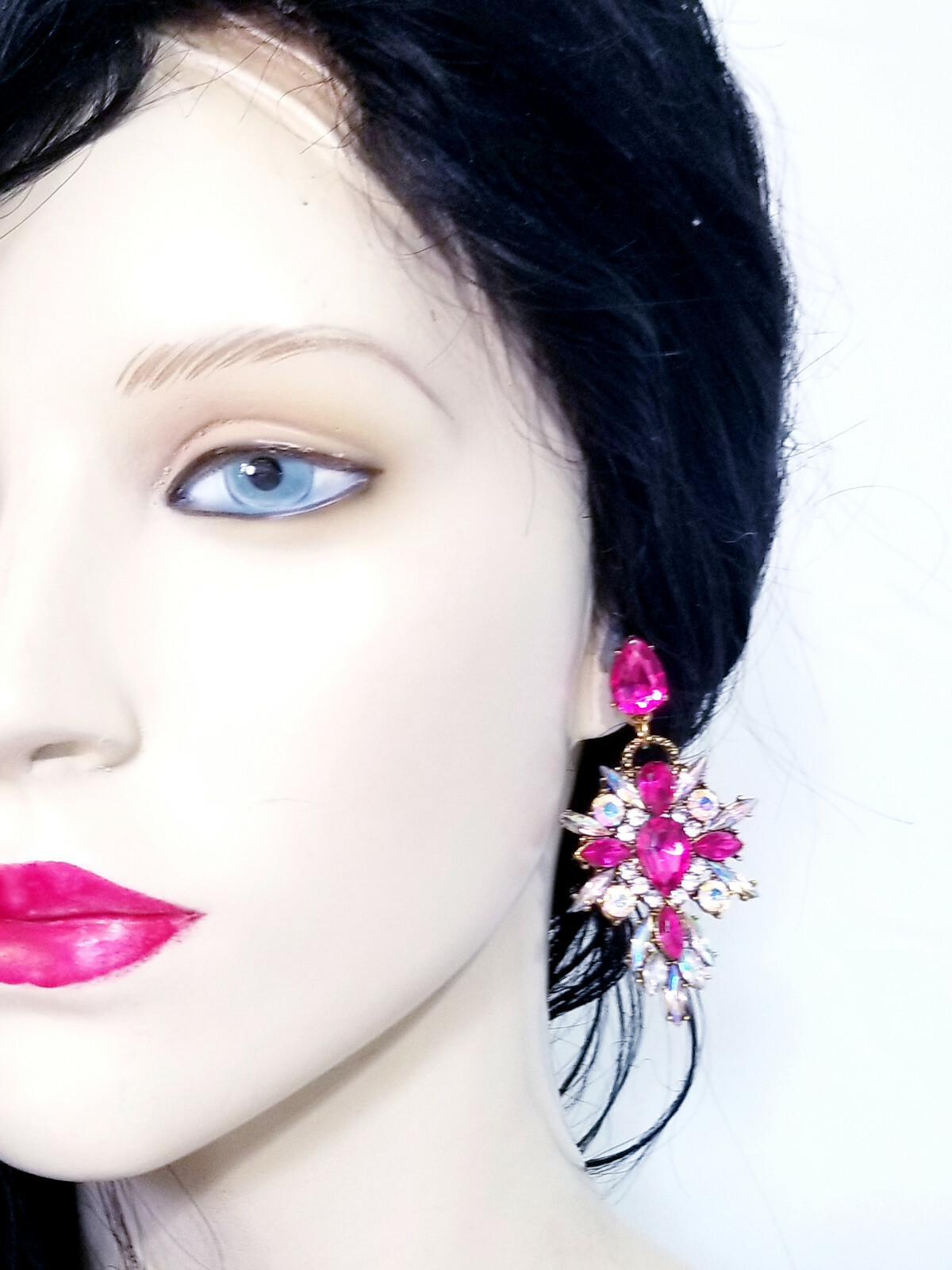 Chandelier Earrings Pink Rhinestone Crystal 2.8 in