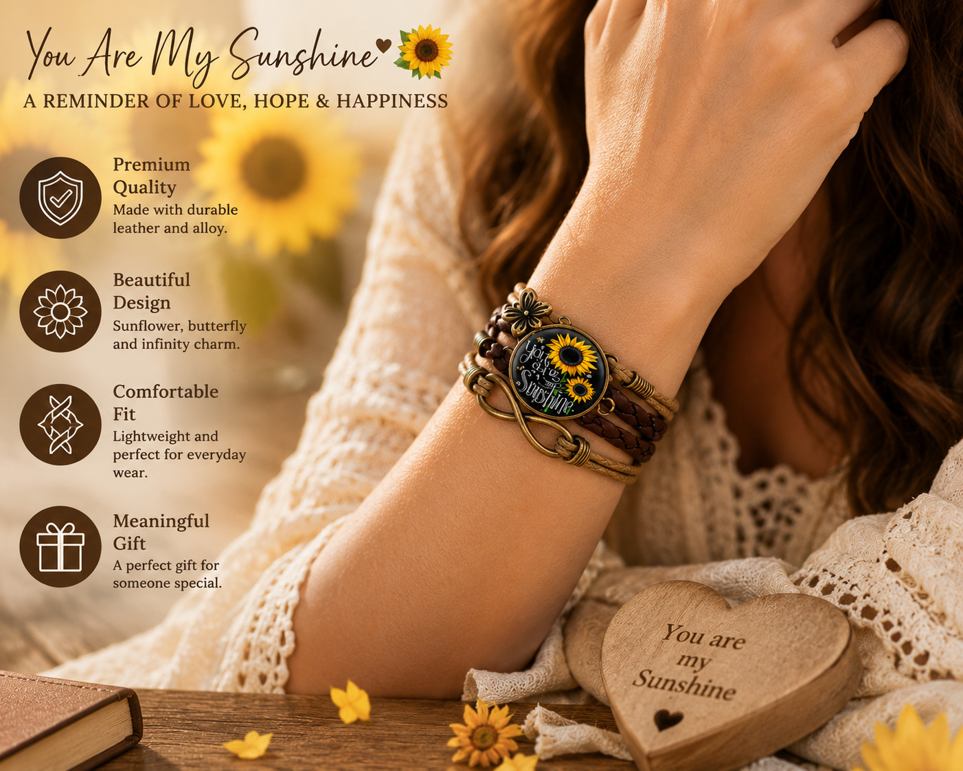 You Are My Sunshine Sunflower Leather Bracelet Butterfly Charm Gift for Her