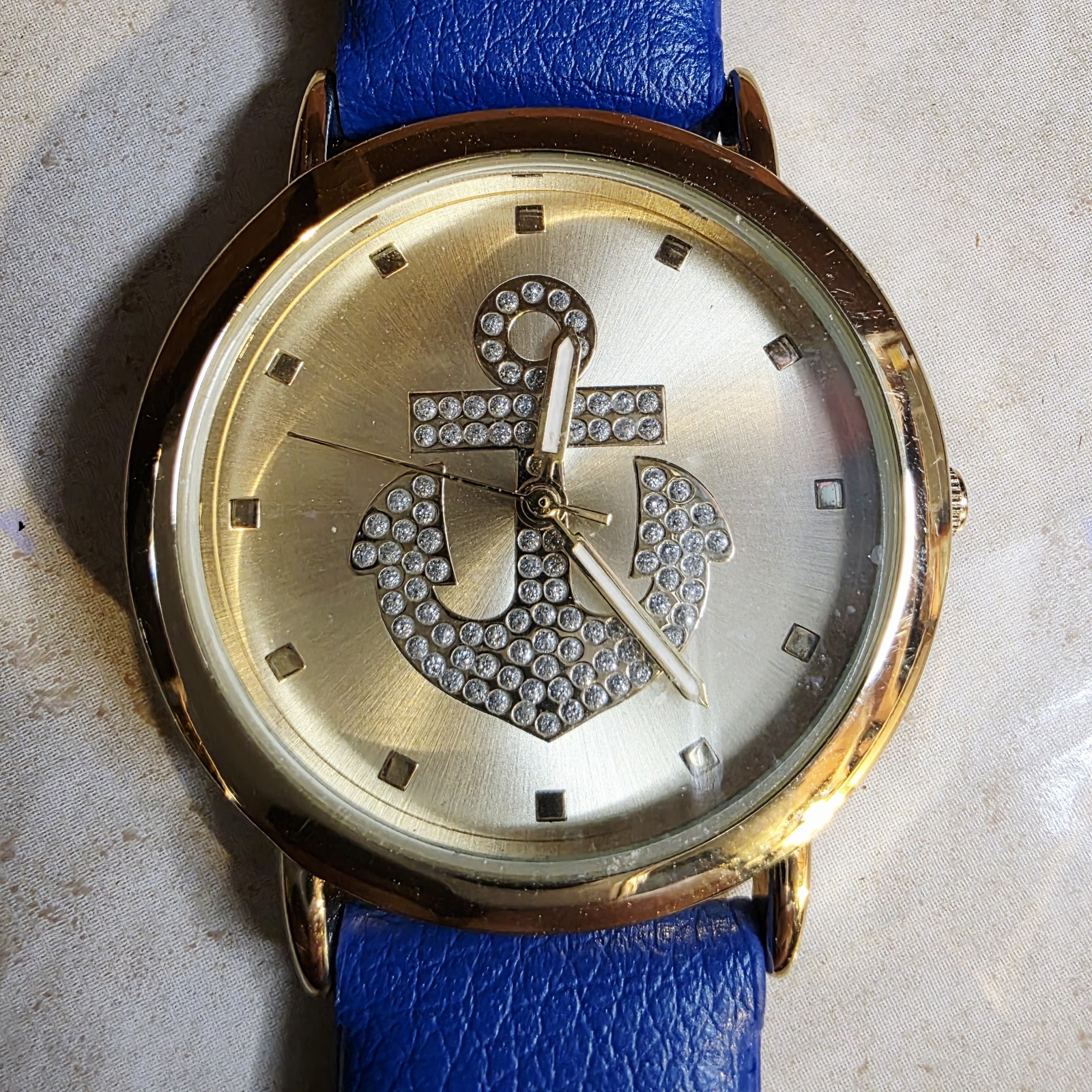 New Nautical Gold Face Watch Crystal Jewel- Studded Anchor Decor Blue Band.