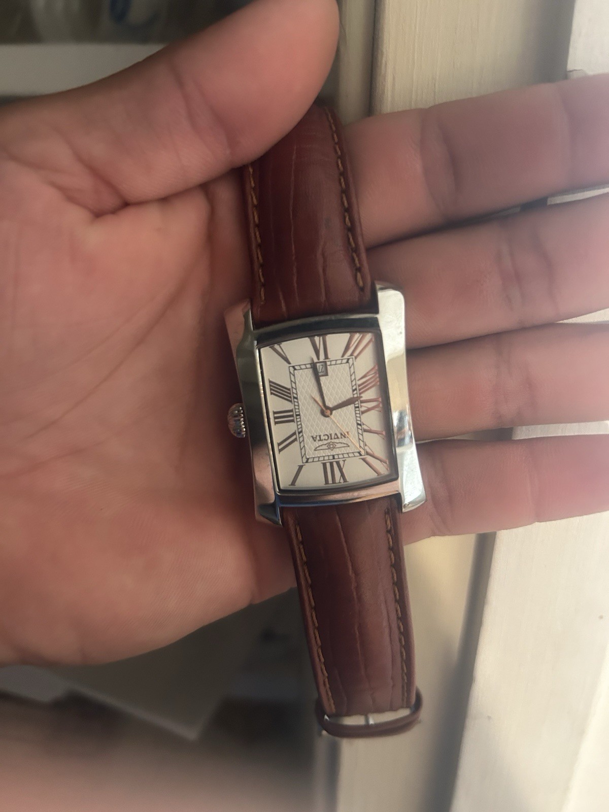 Invicta Rectangle Quartz Dress Watch White Dial Roman Numerals Brown Leather