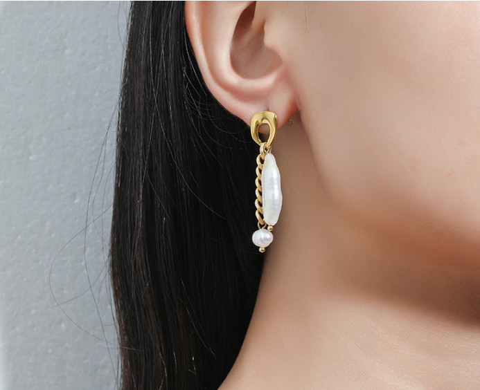 Long 3cm White Baroque pearl 18K Gold Plated earrings women