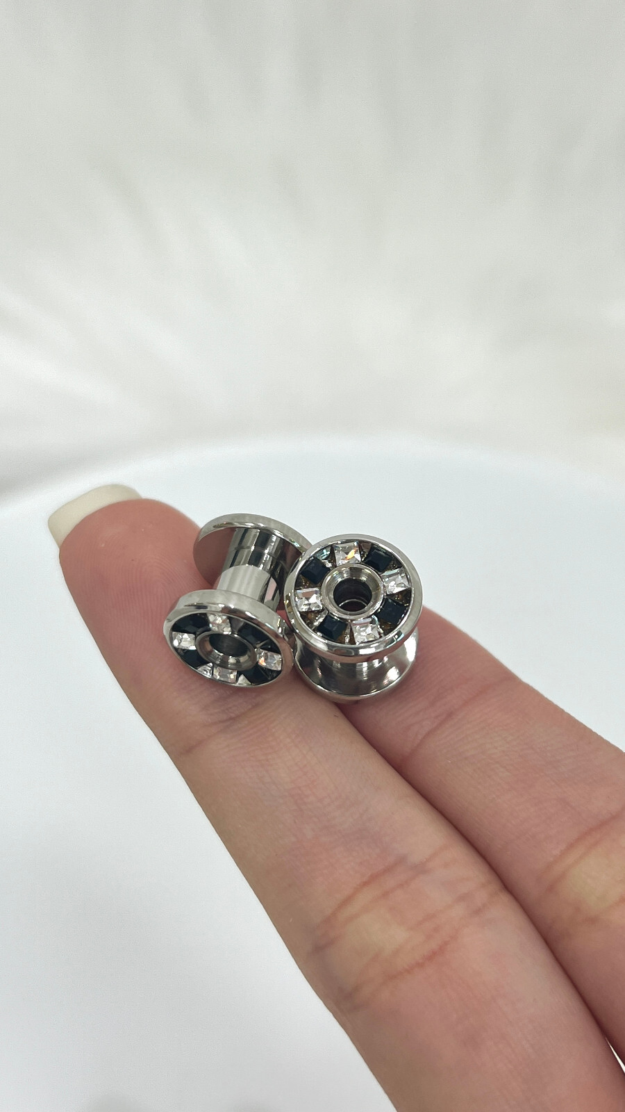 Pressed Rimmed Surgical Steel Black Clear CZ Screw Tunnel Ear Plugs – Sold Pair