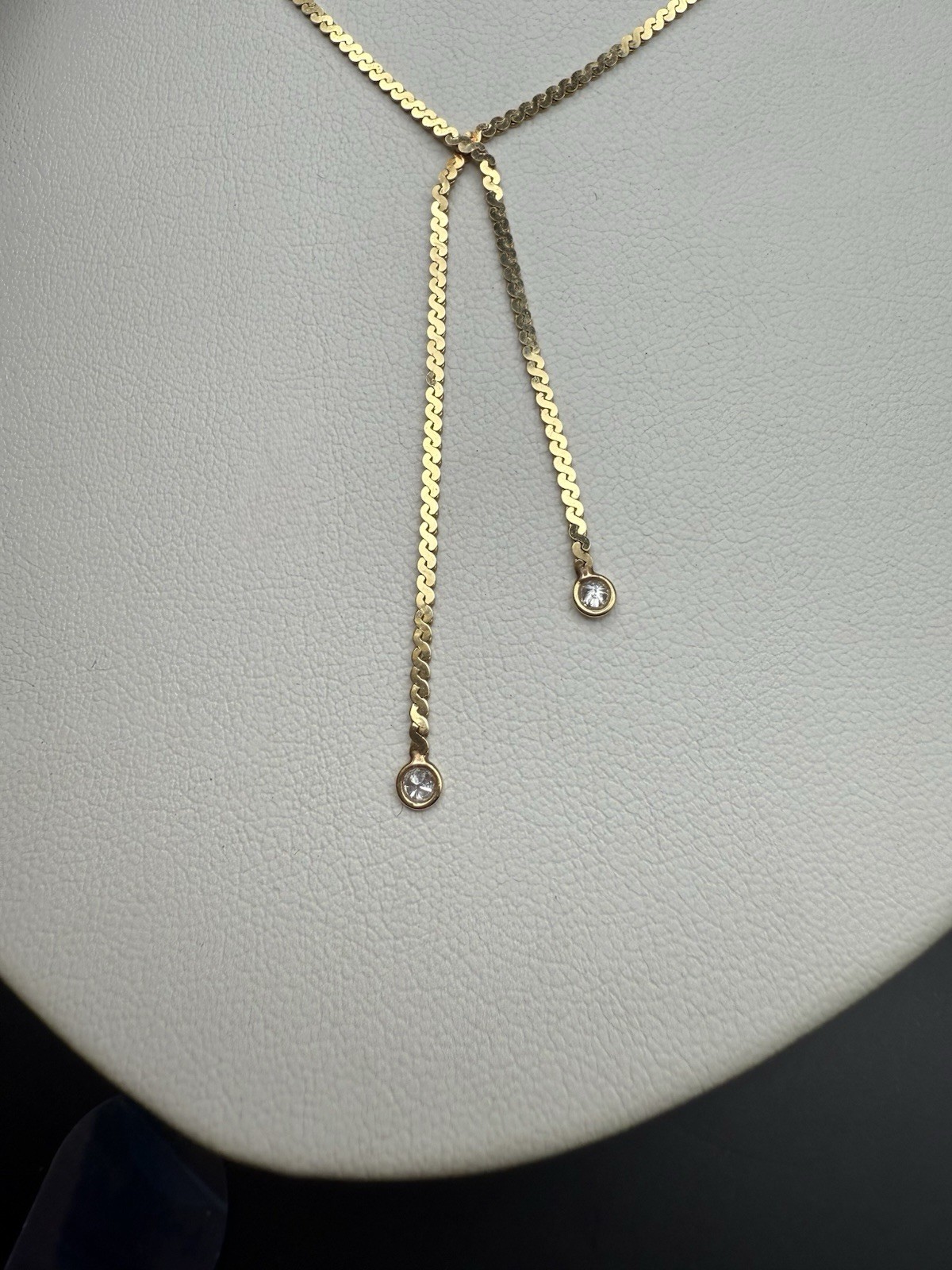 Vintage 14k Solid Yellow Gold Serpentine Lariat Necklace w/Diamonds 4.5g,18.5in