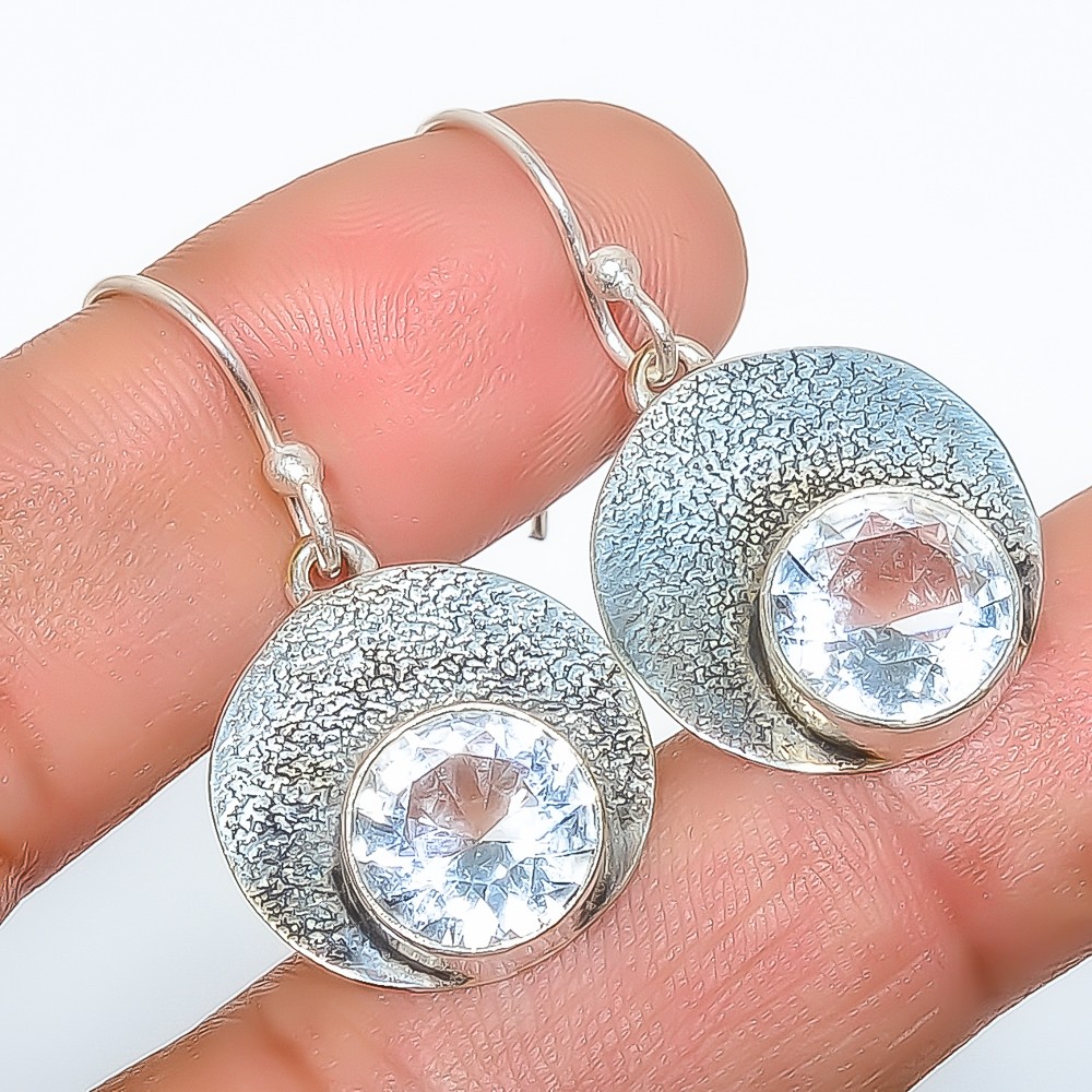 White Topaz Sand Paper Textured Handmade Silver Plated Earring 1.37″ T0