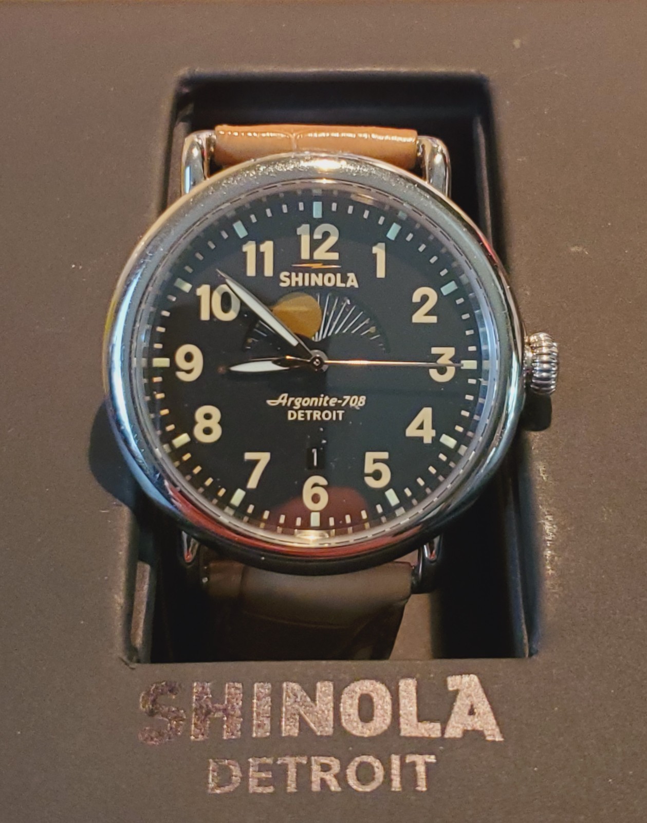 Shinola Runwell 41mm Moon Phase Watch, Argonite-708 Stainless, tan leather band