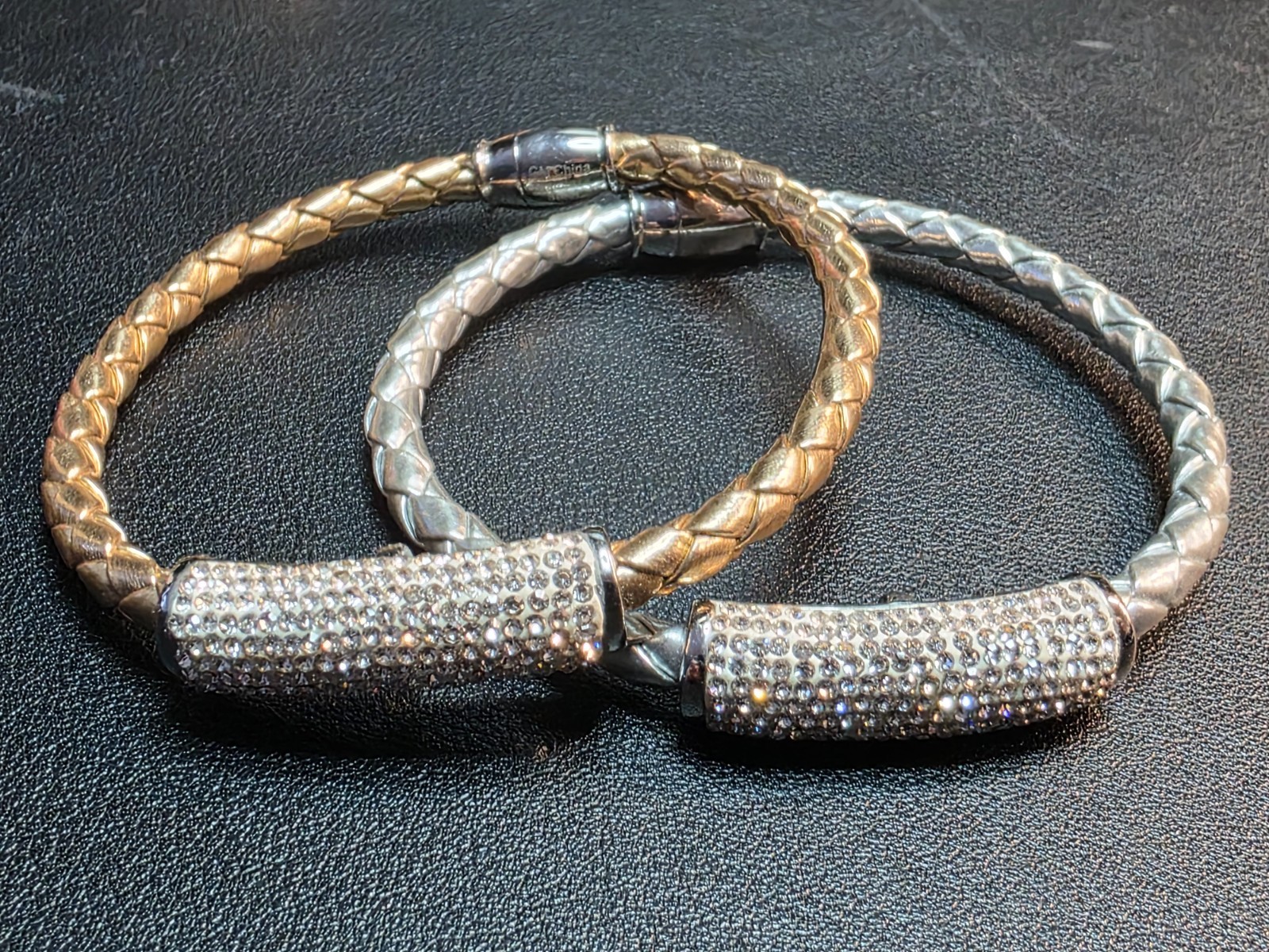 Metallic Gold Color Faux Leather Bracelet Pave Crystal Bar Stainless Steel 8″
