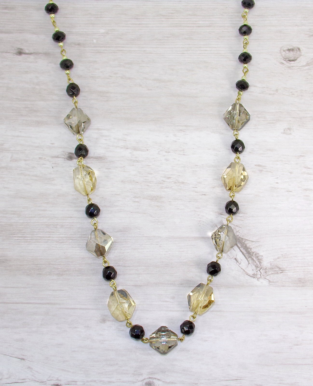 Multi color glass bead link necklace in beige, gray and black glass colors New