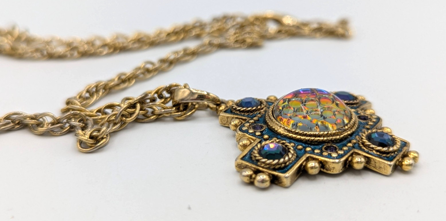 Vintage Etruscan Revival Maltese Cross Pendant Necklace Blue Art Glass