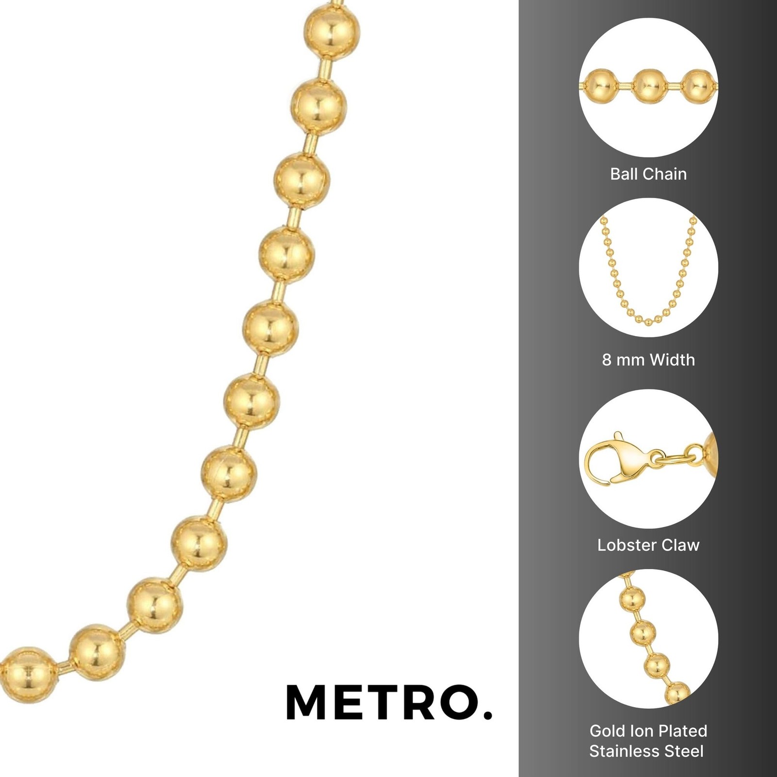Gold Ion Plated Stainless Steel 8MM Ball Chain Necklace – 20-30″ Lobster Claw