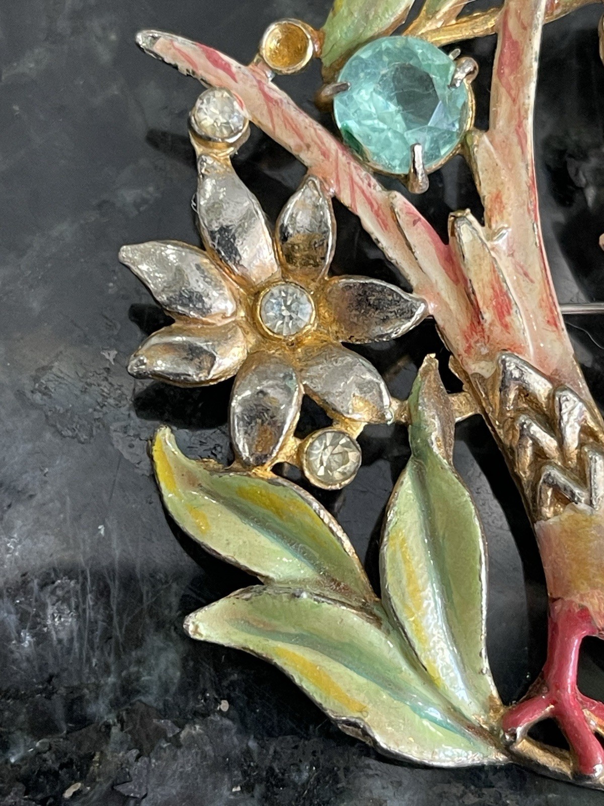 1940s Bird Of Paradise Eden Brooch Pot Metal Enamel Rhinestone Missing 3 Stones