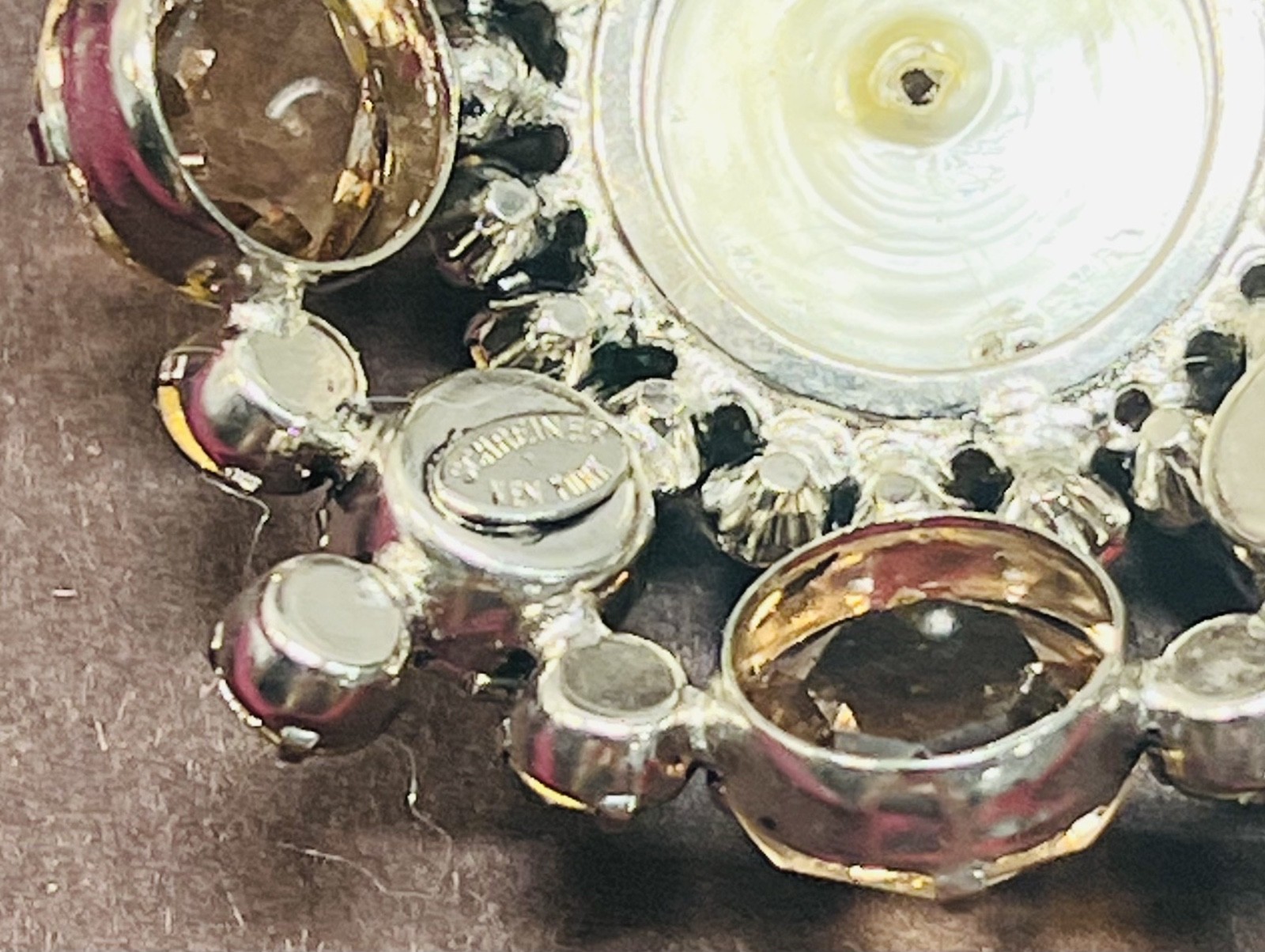 Ravishing, Big Signed Schreiner NY Brooch: Beige & Gray Stones & Mabe Pearl