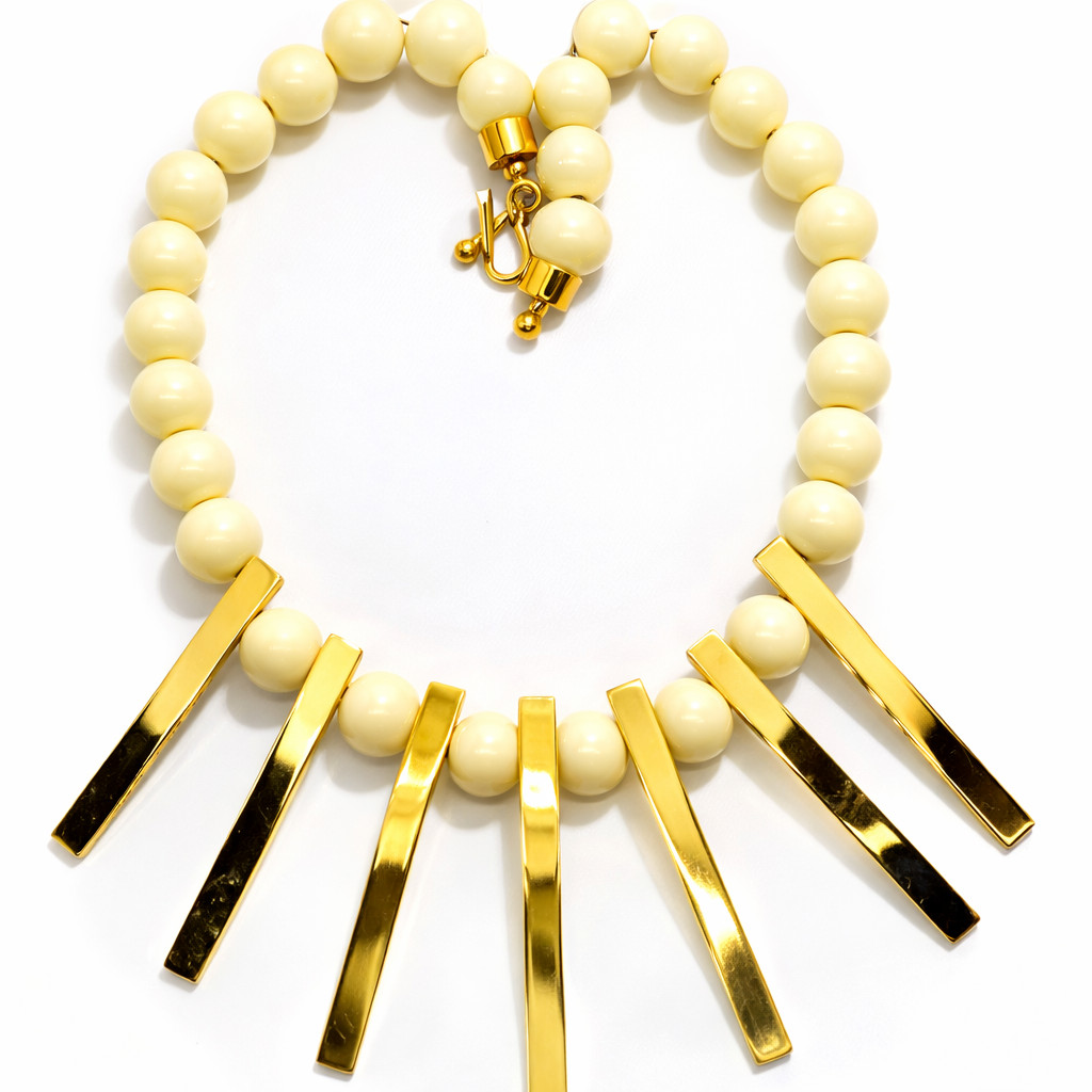 Alexis Kirk Vintage Statement Necklace Pale Yellow Beads Gold Tone Bars