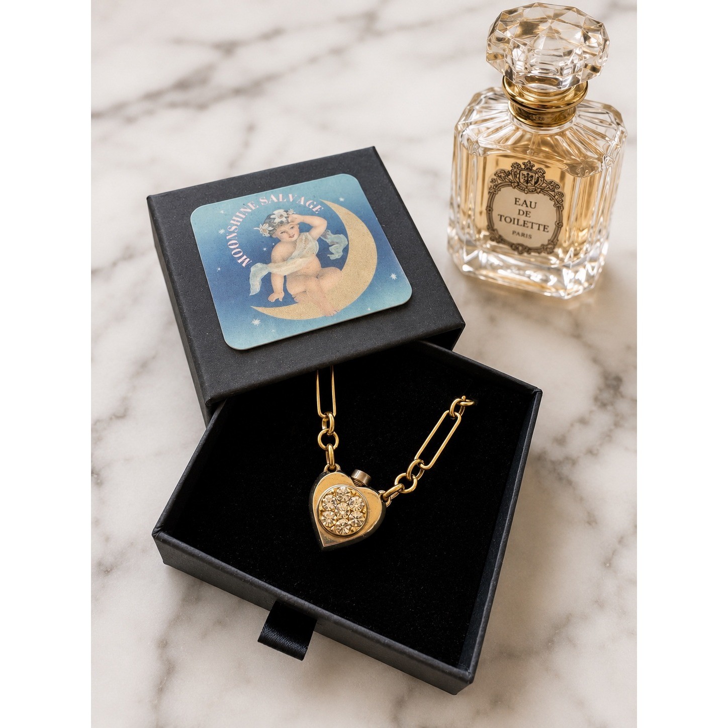 Title: Antique Heart Perfume Bottle Necklace Brass Paperclip Chain Rhinestone