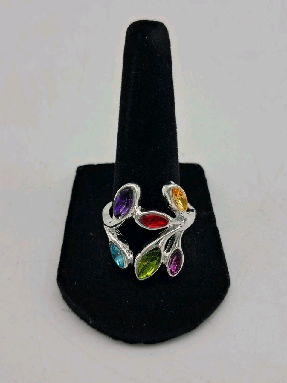 Vntg Multi-Gem Leafe Ring Colorful Stones in Silver Tone Size 9.5