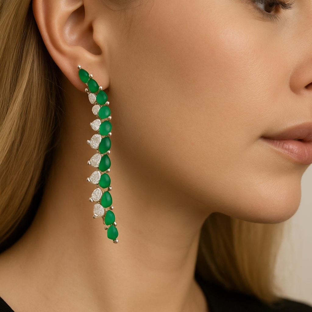 Emerald Diamond Leaf Curve 14K (or 18k upon request) Yellow Gold Drop Earrings