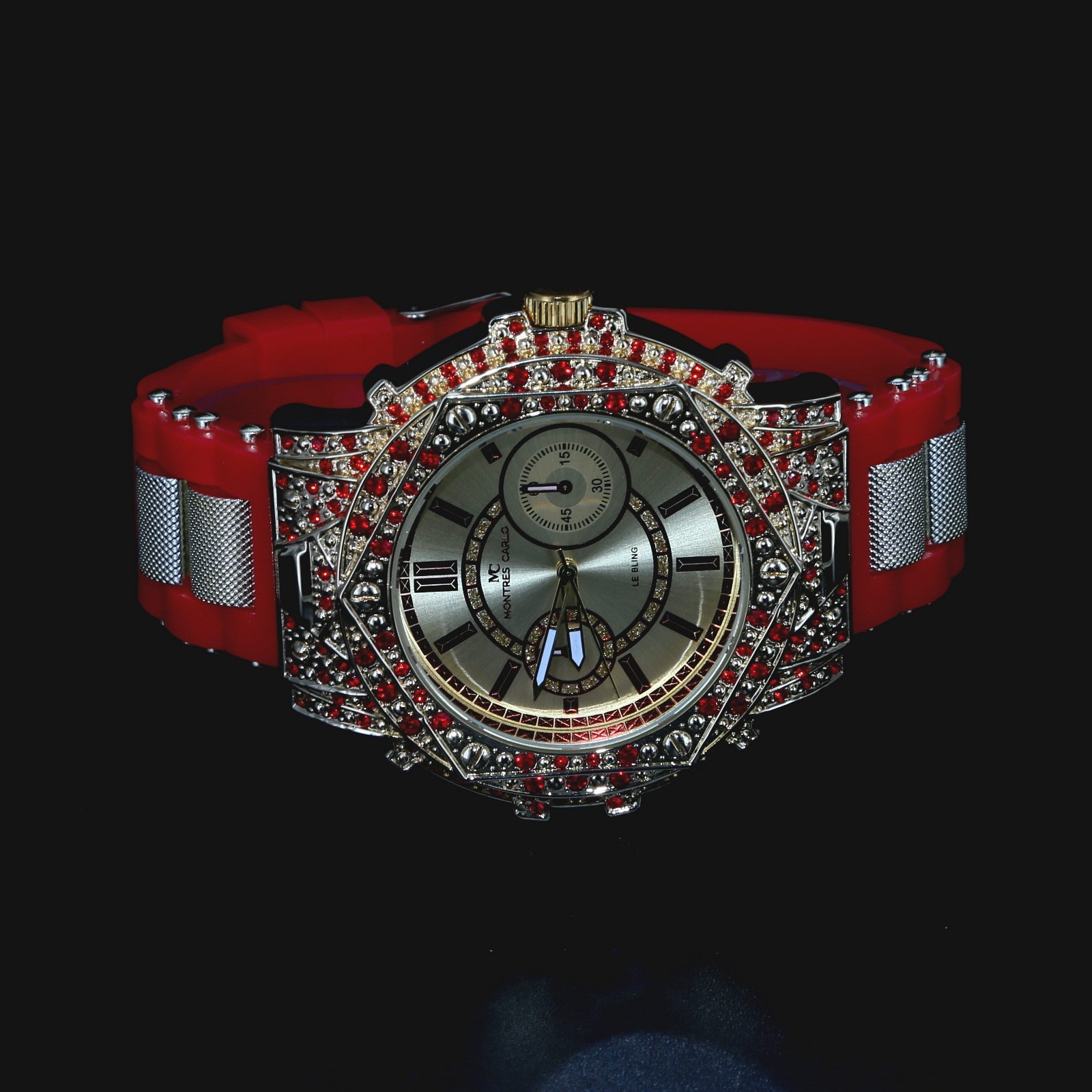 Montres Carlo Men’s Hip Hop rapper Red Stones Gold Finish Clubbing Luxury Watch