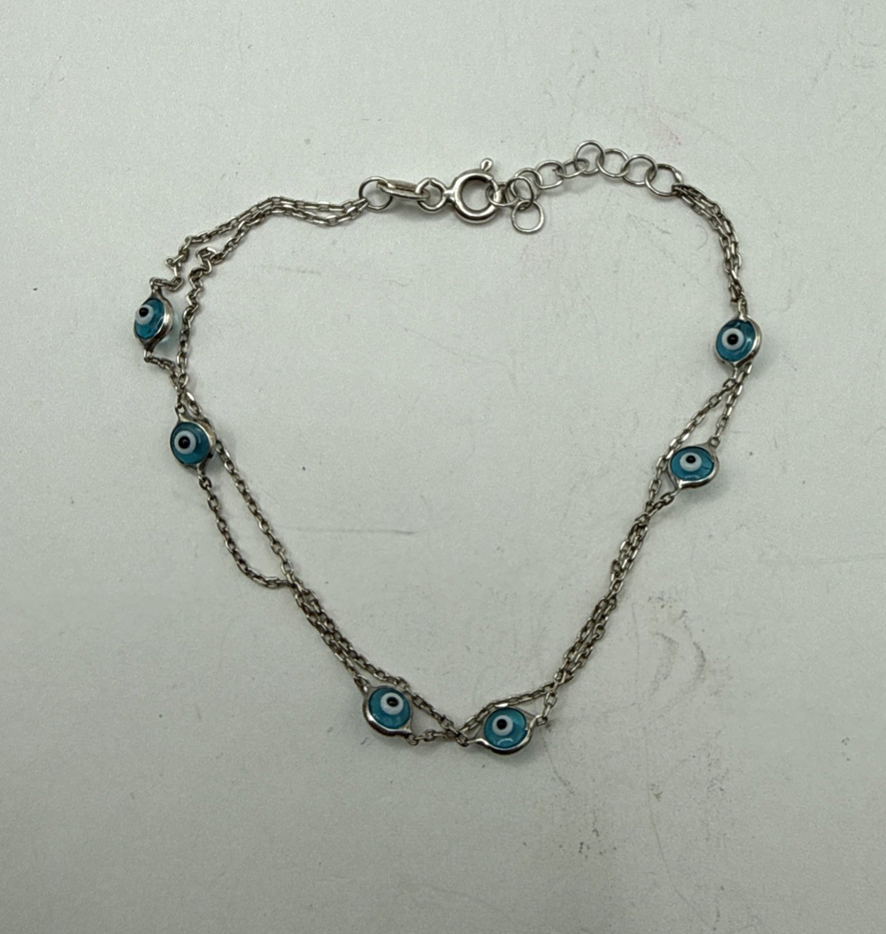 Sterling Silver Evil Eye Bracelet Double Strand & Double Sided Glass 7” Variable