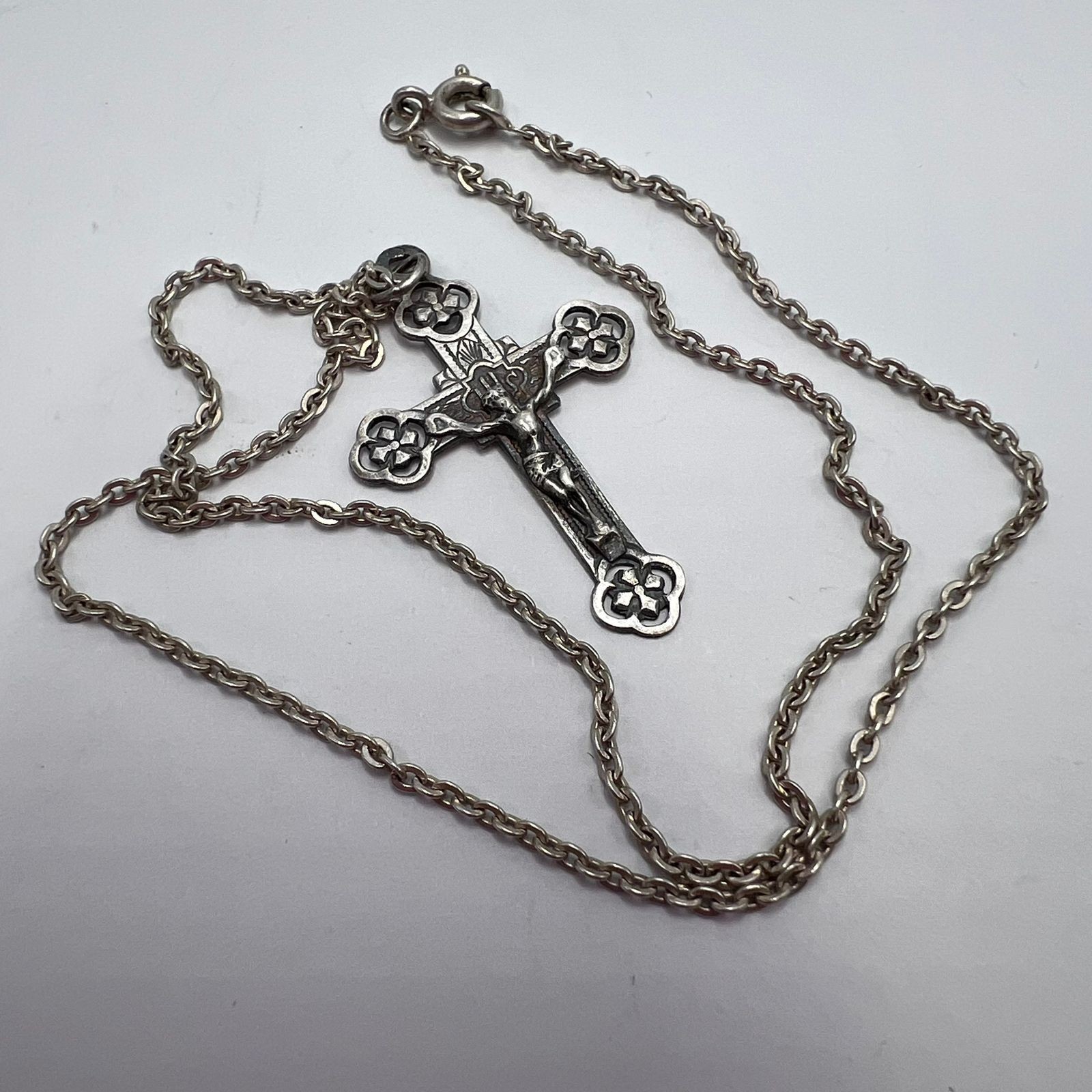 Vintage French 800 Silver Crucifix Cross Pendant w/ Chain Marked 38cm Religious
