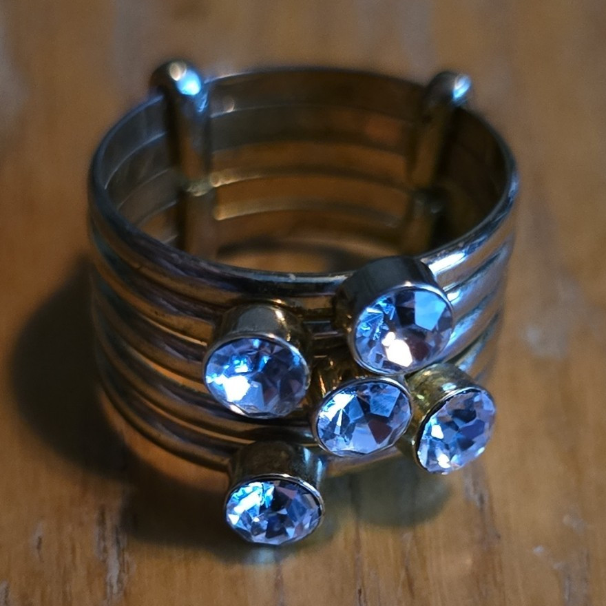 Silver Tone Adjustable Metal Band Cocktail Ring Size 10.5 Round Blue Crystals