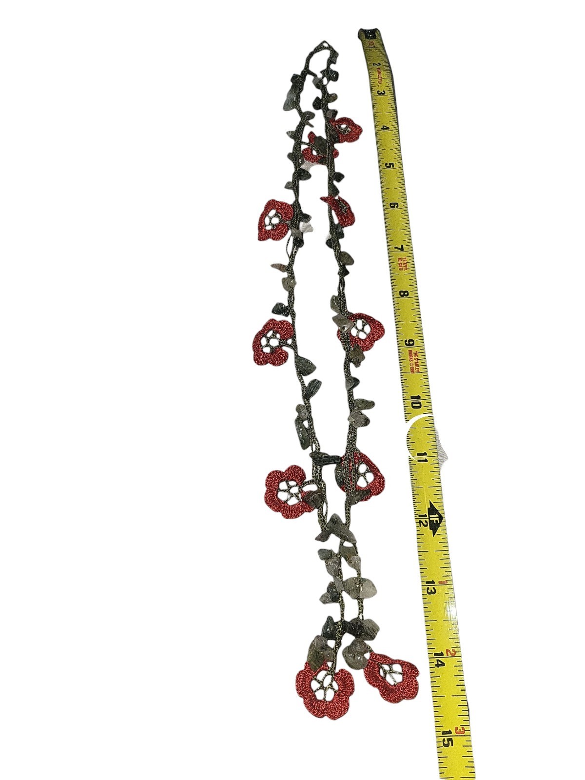 Red Flower Crochet Necklace With Jade Stone, Turkish Jewelry