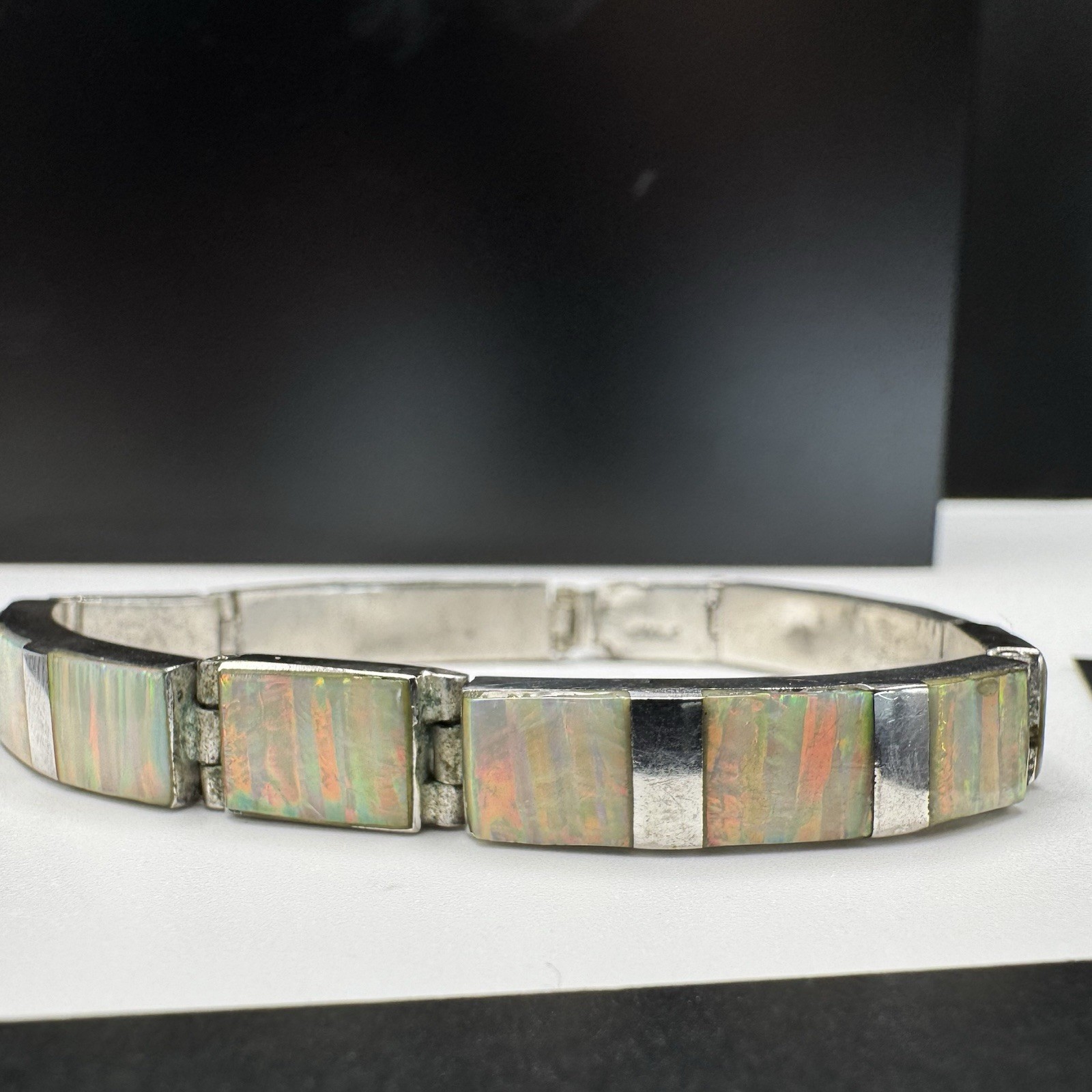 Mexico Opal And Sterling Bracelet Panel 14.8 Grams Size 7” See Details