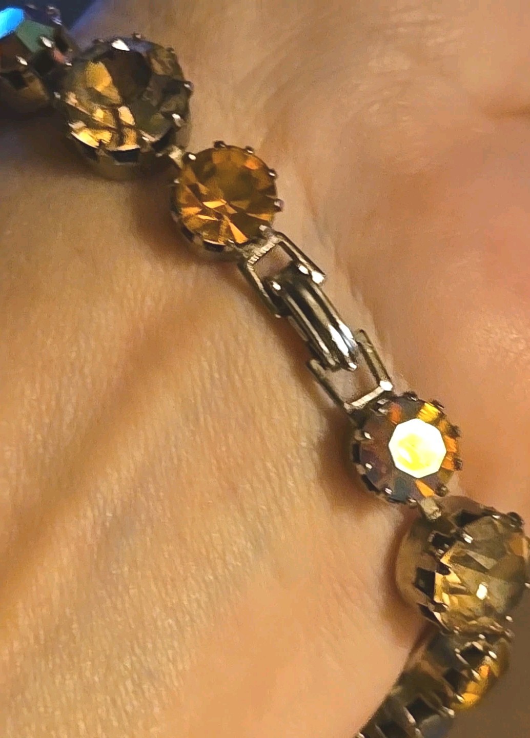 Vintage Faux Topaz Citrine Glass AB Rhinestone Bracelet 7.5 Inch Estate Jewelry