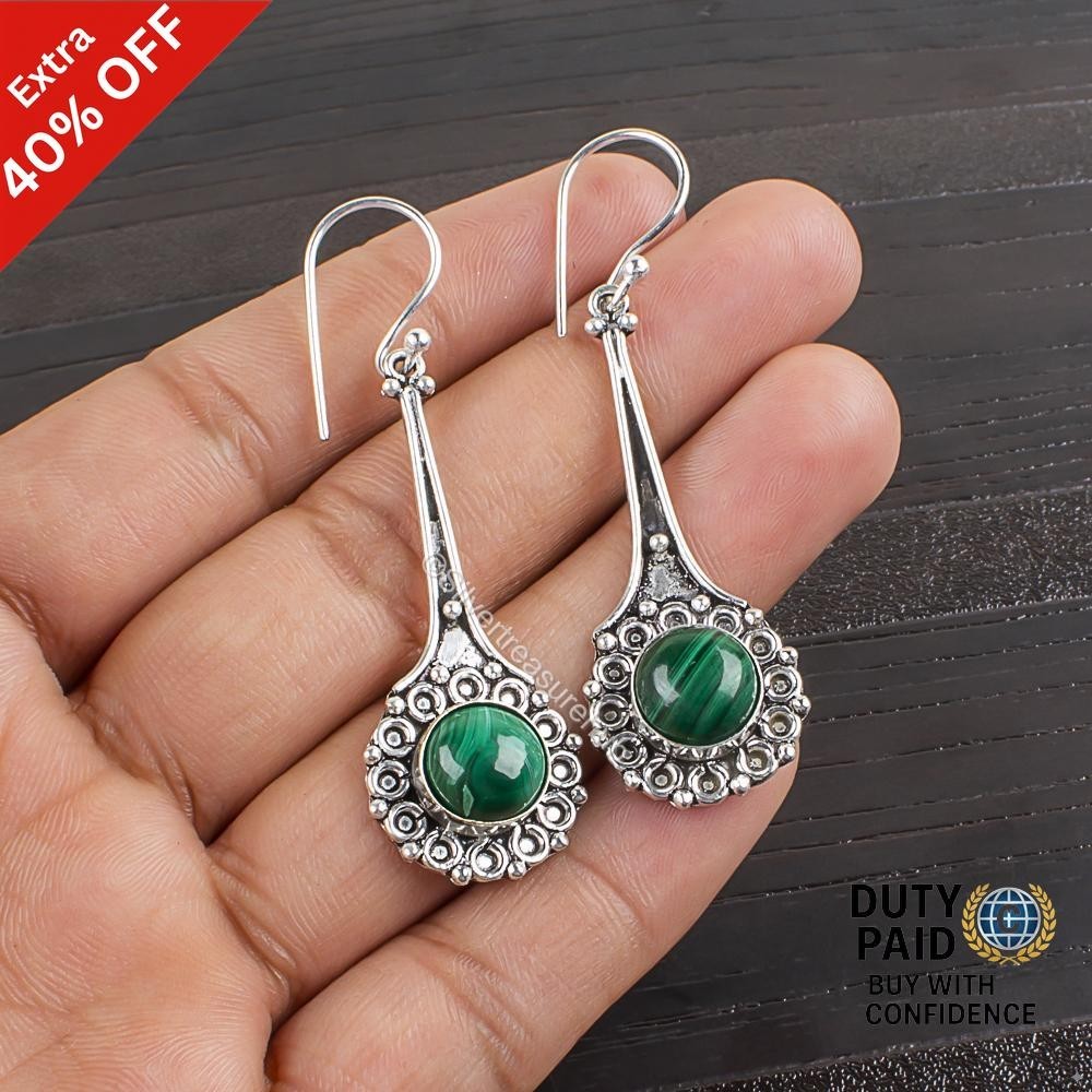 925 Silver Round Natural Malachite Channel Set Anniversary Dangle New Earrings