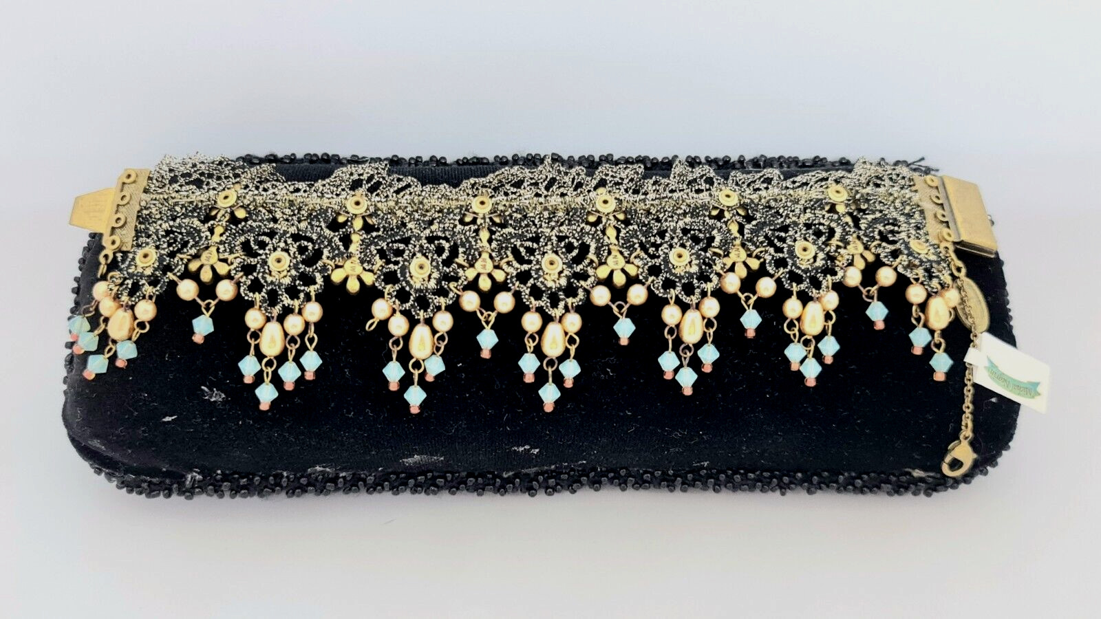 Lovely Michal Negrin Fabric Lace Bracelet Crystal Flowers Unique.