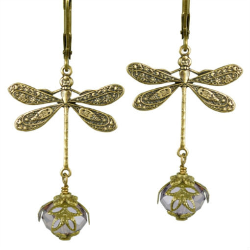 Dragonfly Daze NoMonet Earrings Gold Lavender Hand Crafted In USA Hand Painted