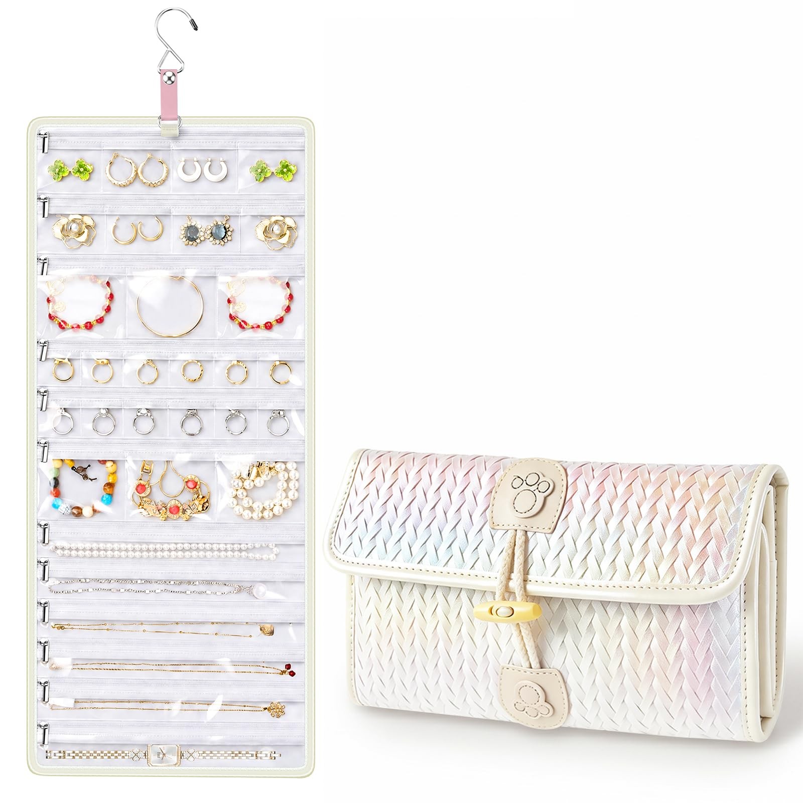 Steadtep 32-Pocket Hanging Jewelry Organizer and Foldable Travel Roll white