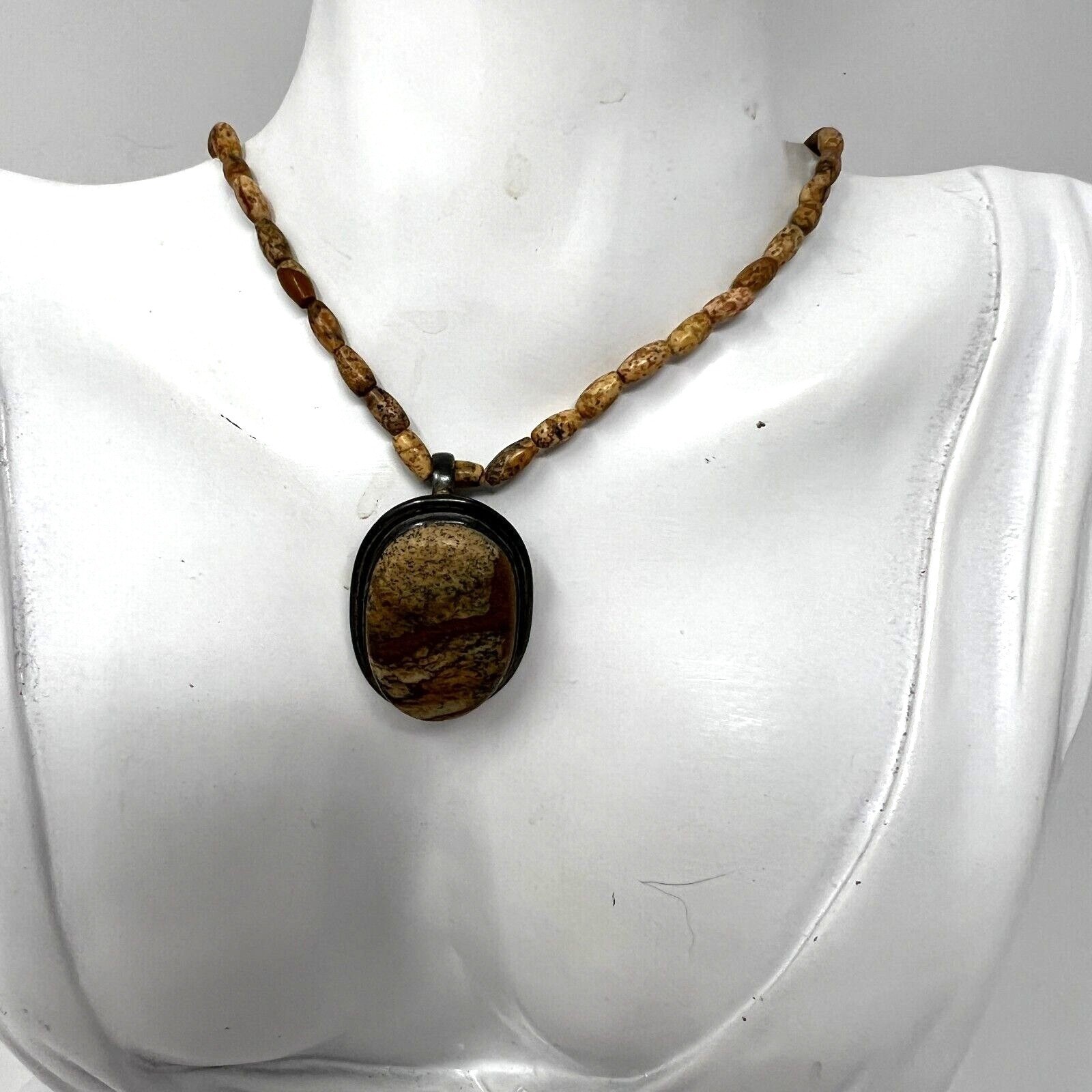 Earth Tone Beaded Necklace Brown Tan Cabochon Stone Pendant