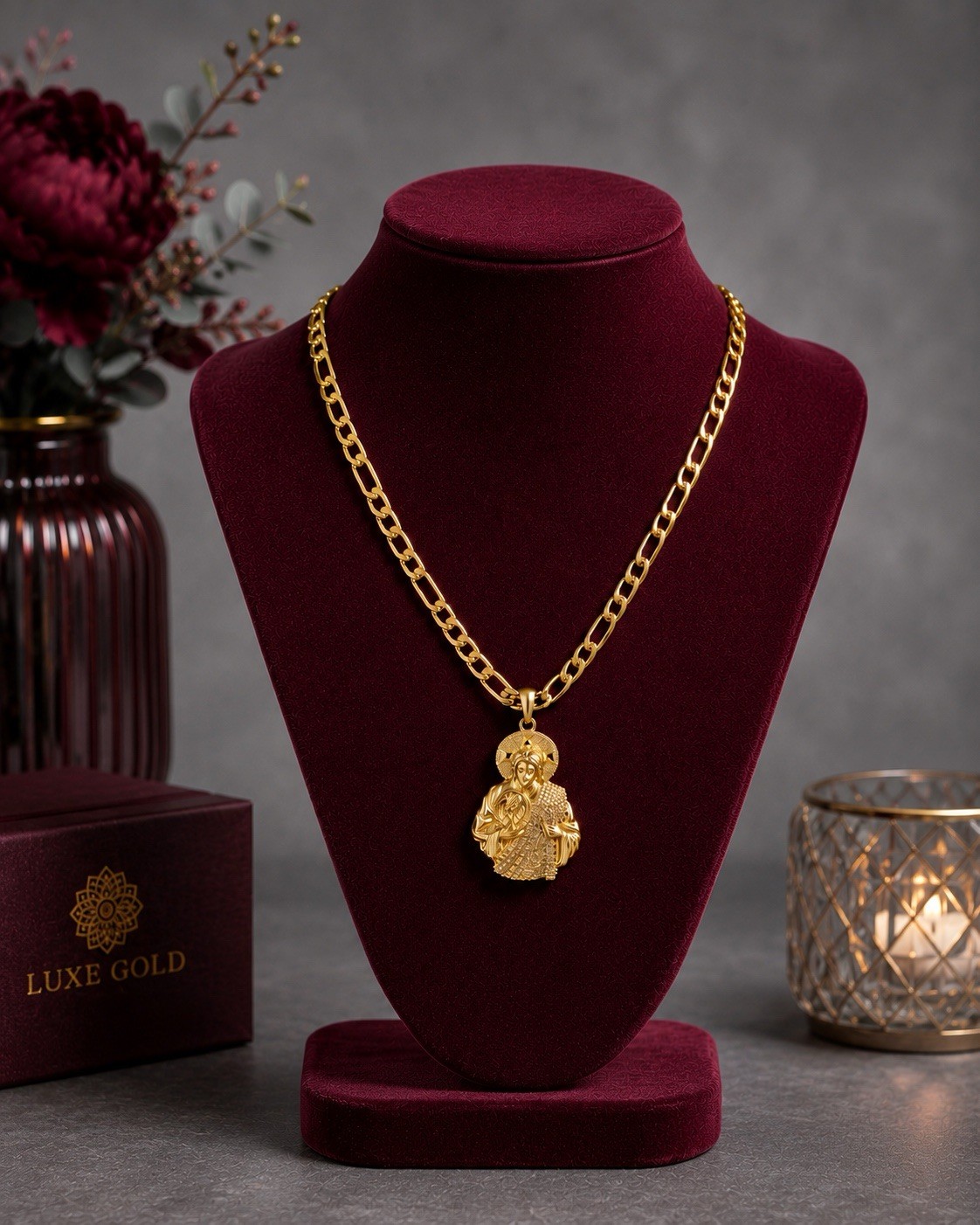 Luxe Gold Yellow Gold Plated Figaro Chain Religious Round Charm 24in