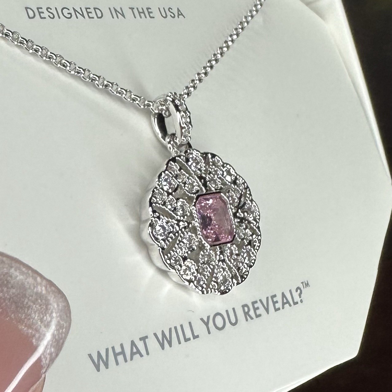 Bomb Party Necklace- 5716- Simulated Pink CZ- Rhodium Plated