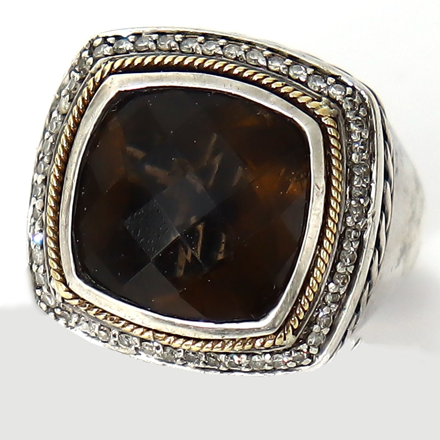 EFFY RING Diamond Sterling 925 Silver 18k Gold Smoky Quartz Balissima size 6