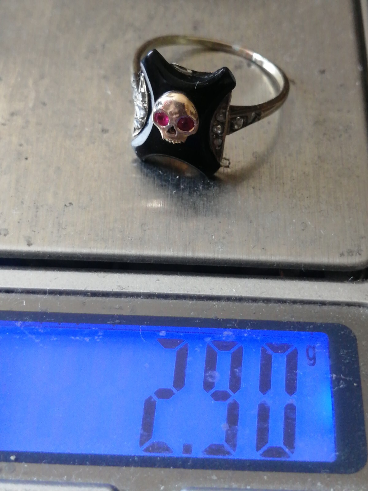 Antique Rare Memento Mori 14kt Yellow Gold, Diamonds,Rubies Stone Ring