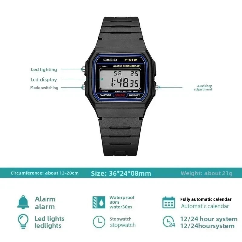 Original Casio F-91W-1 Digital Watch Men Square LCD Electronic Waterproof Sports