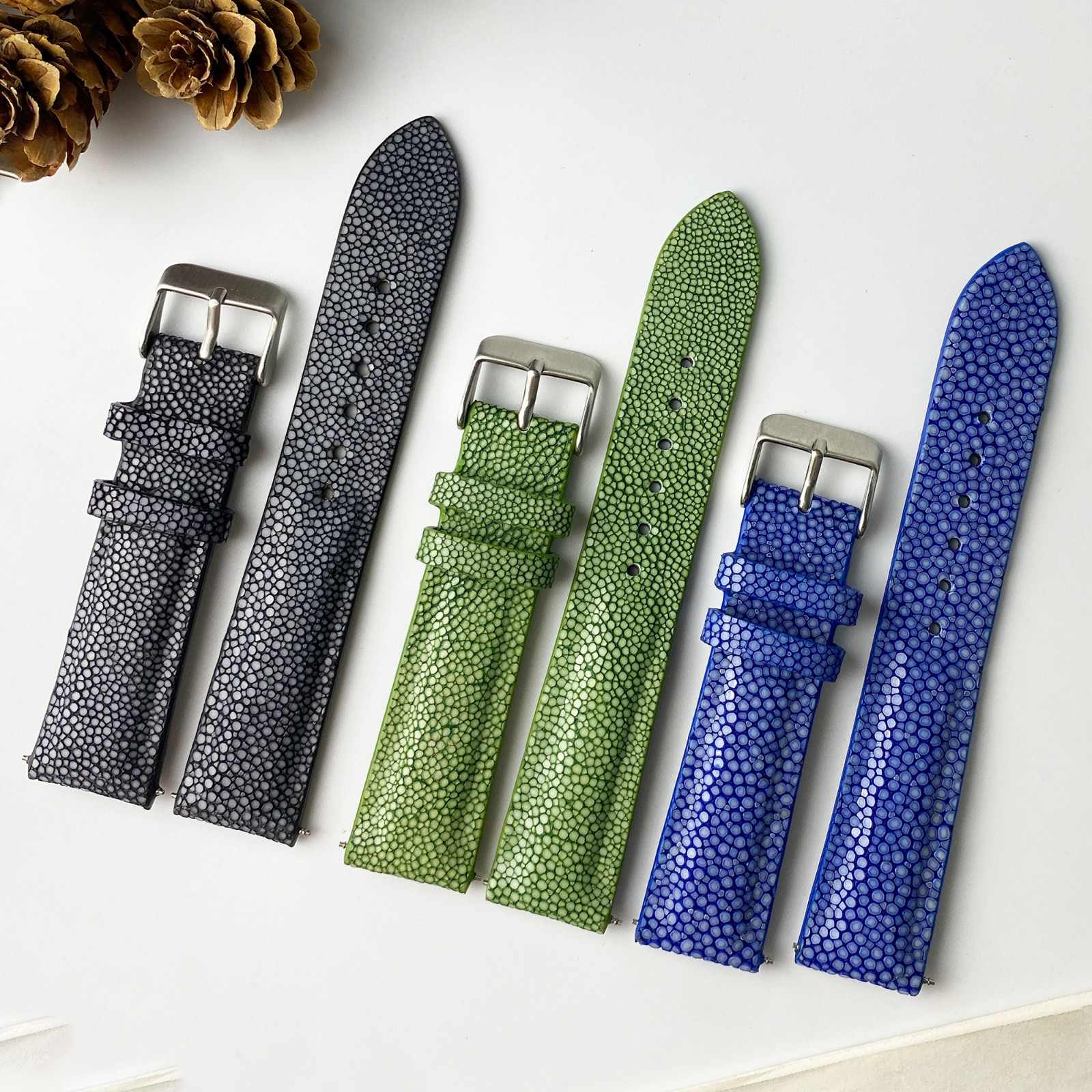 20mm Blue Leather Watch Strap Men Genuine Stingray Leather Watch Band Luxury