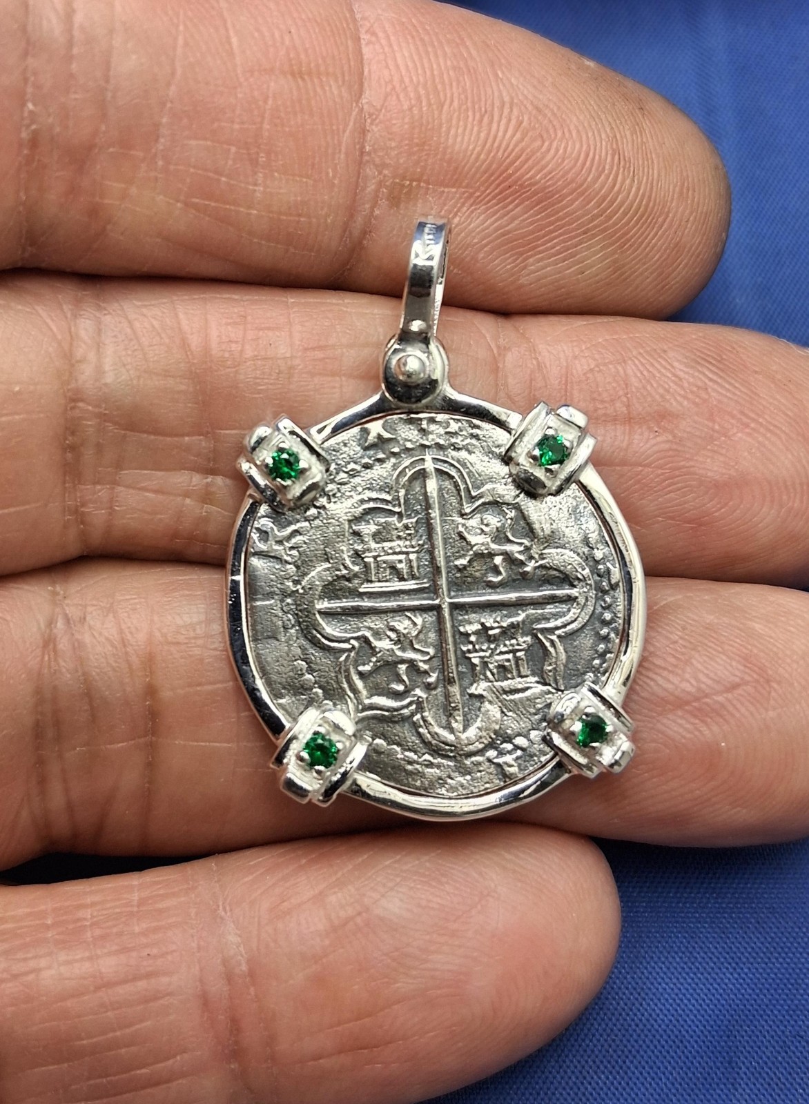 Sterling 2 Reale Replica Atocha Shipwreck Pirate Coin Pendant with Emeralds