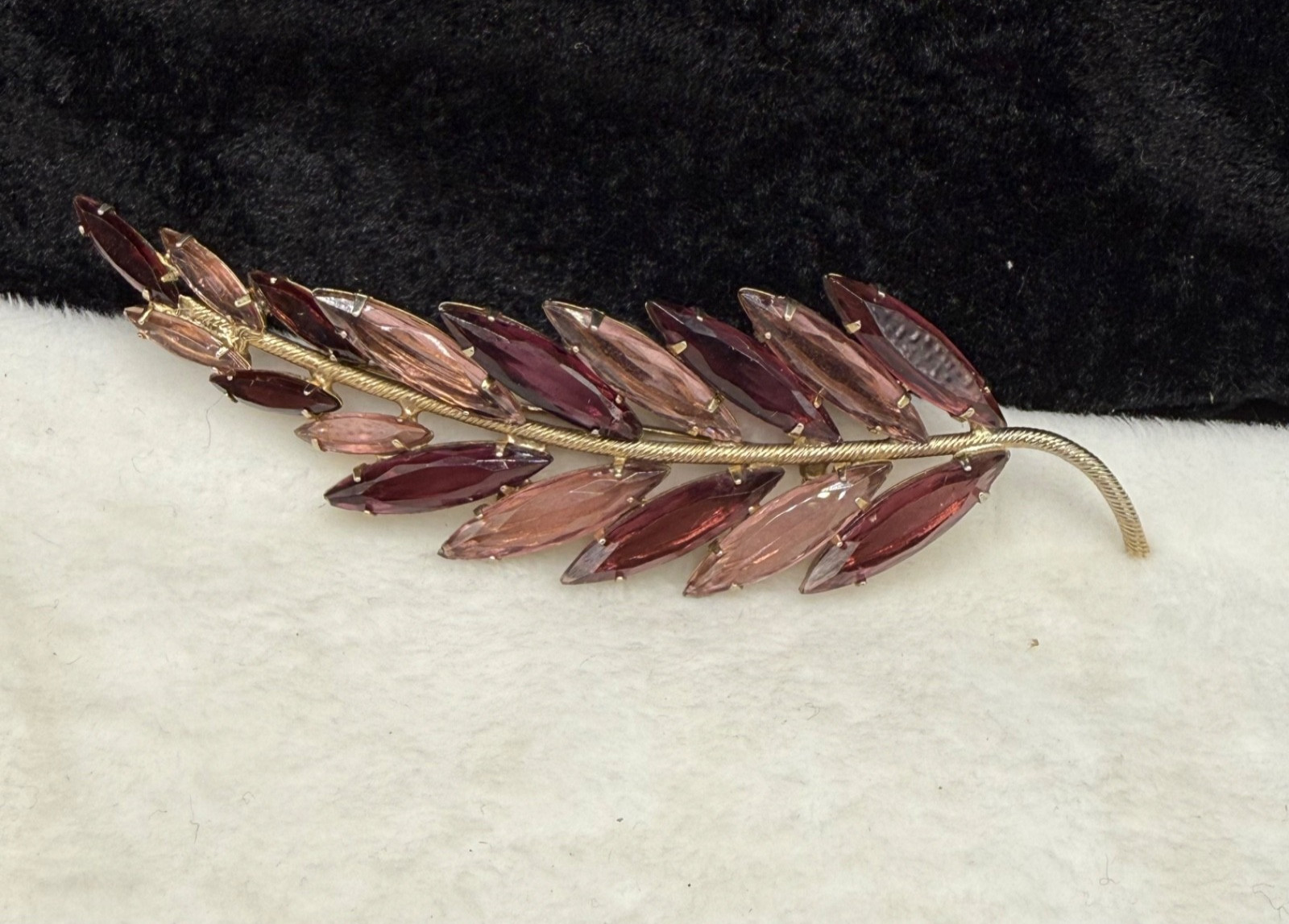 Vintage Rhinestone Feather Brooch Gold Tone Pink Purple Open Back LARGE