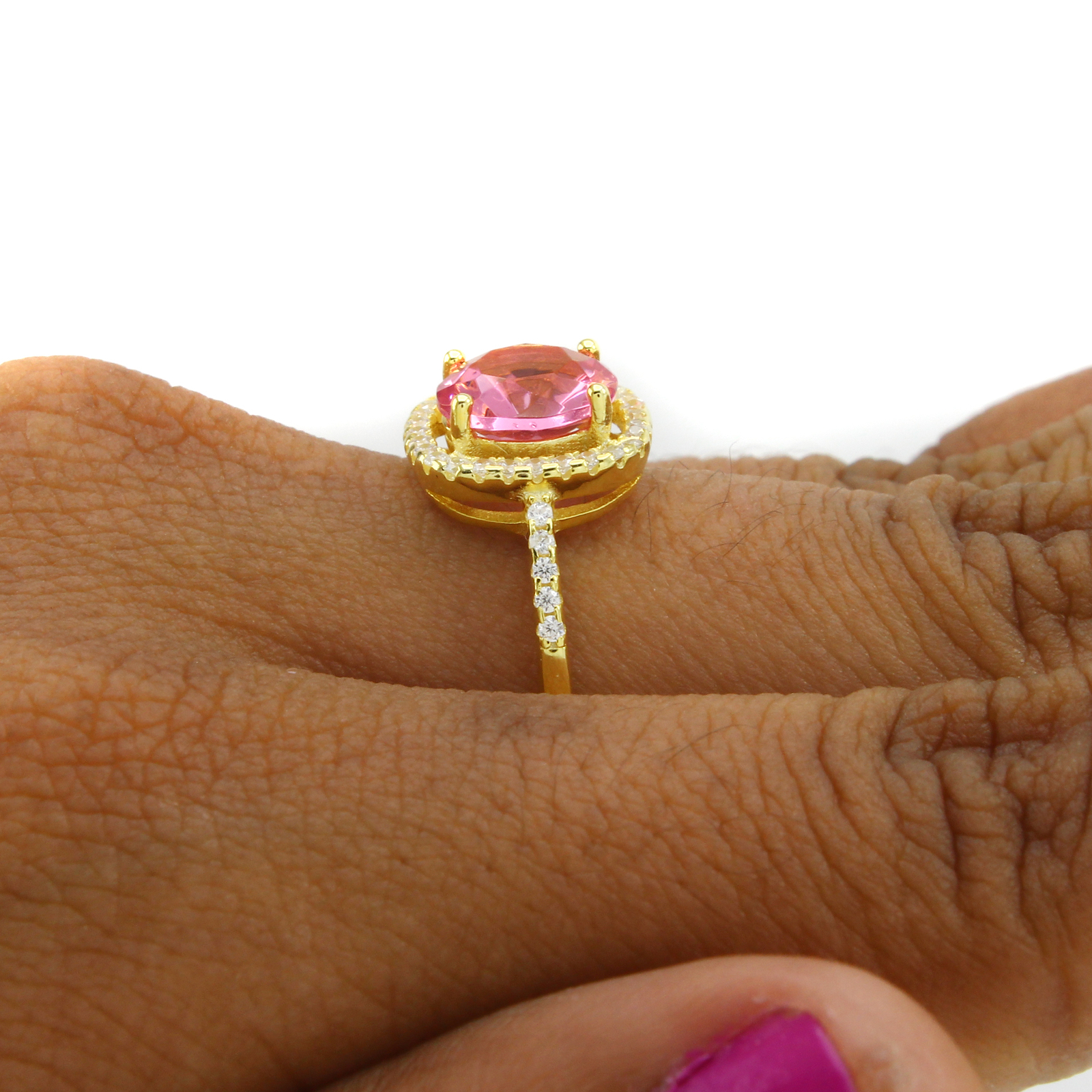18K Yellow Gold Plated Cushion Shape Pk Sapphire& CZ Solitaire Engagement Rg 6