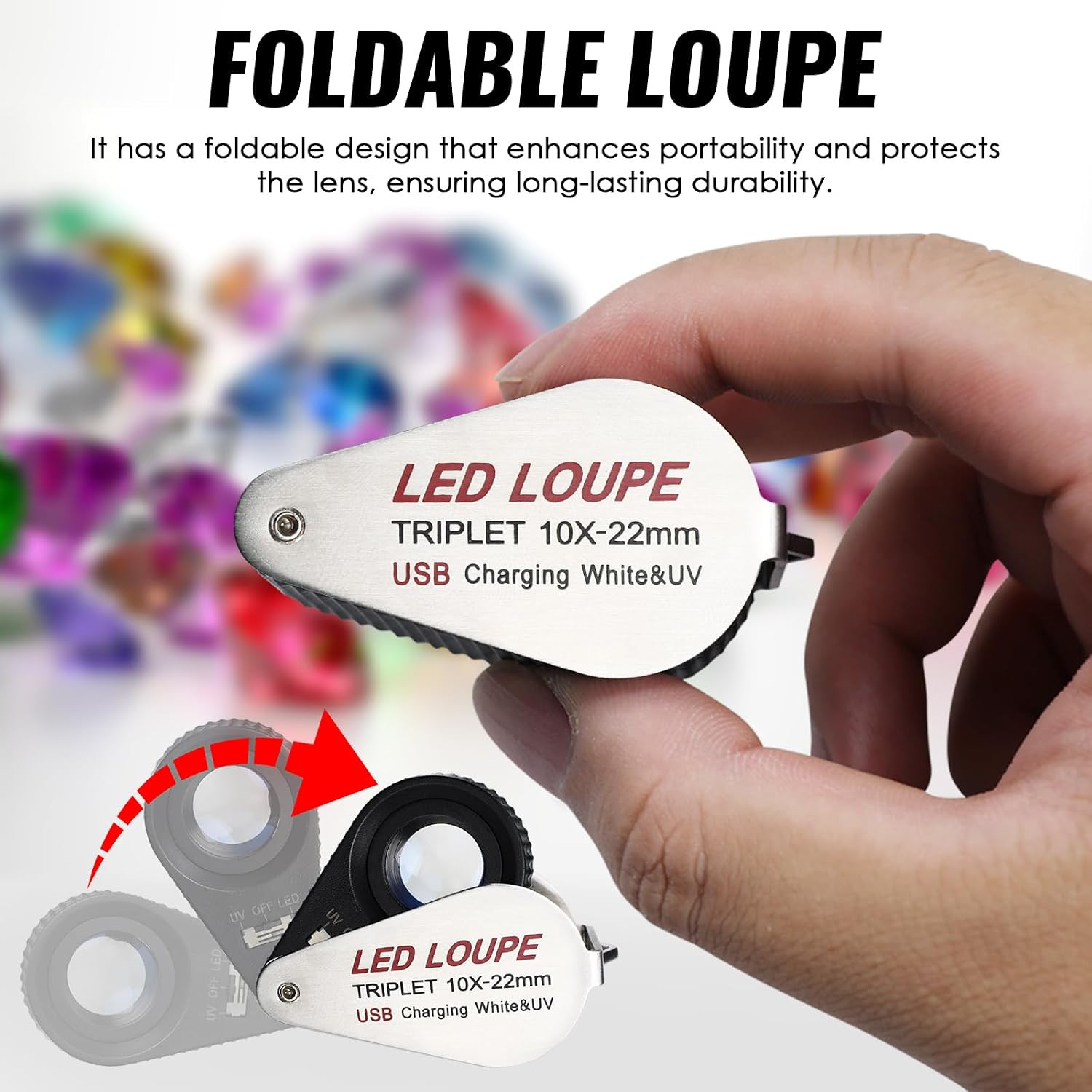 10X Jewelers Loupe with UV & LED Lights, Rechargeable 10X Loupe Magnifier 22Mm O