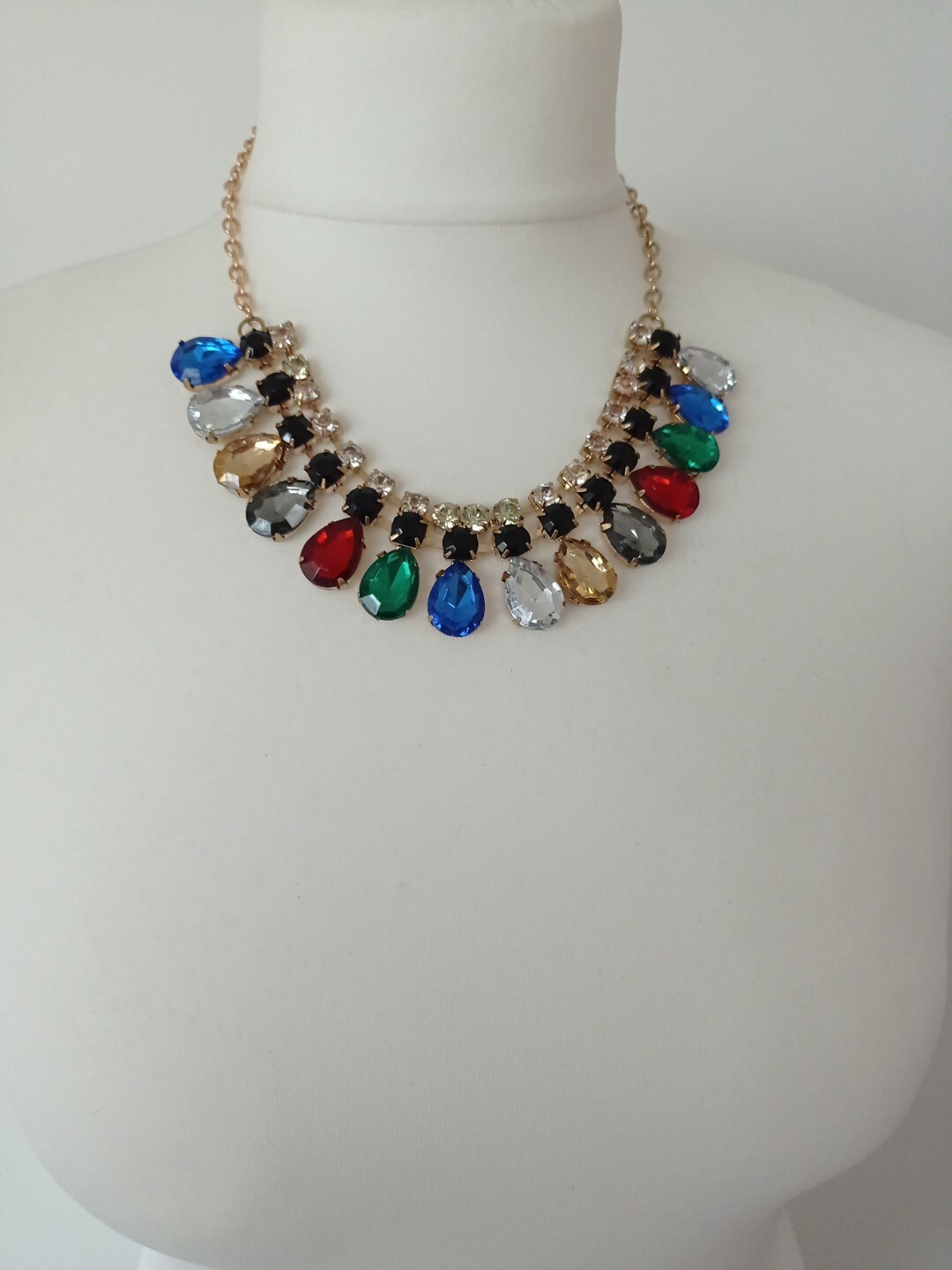 Retro Gold Tone Faceted Clear/Black&Multicolour Rhinestone Beads Necklace-L47cm