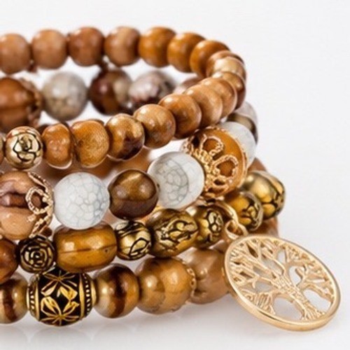 Tree of Life Stretch Bracelet 4-Set Earth Tone Wood & Stone Nature Spiritual